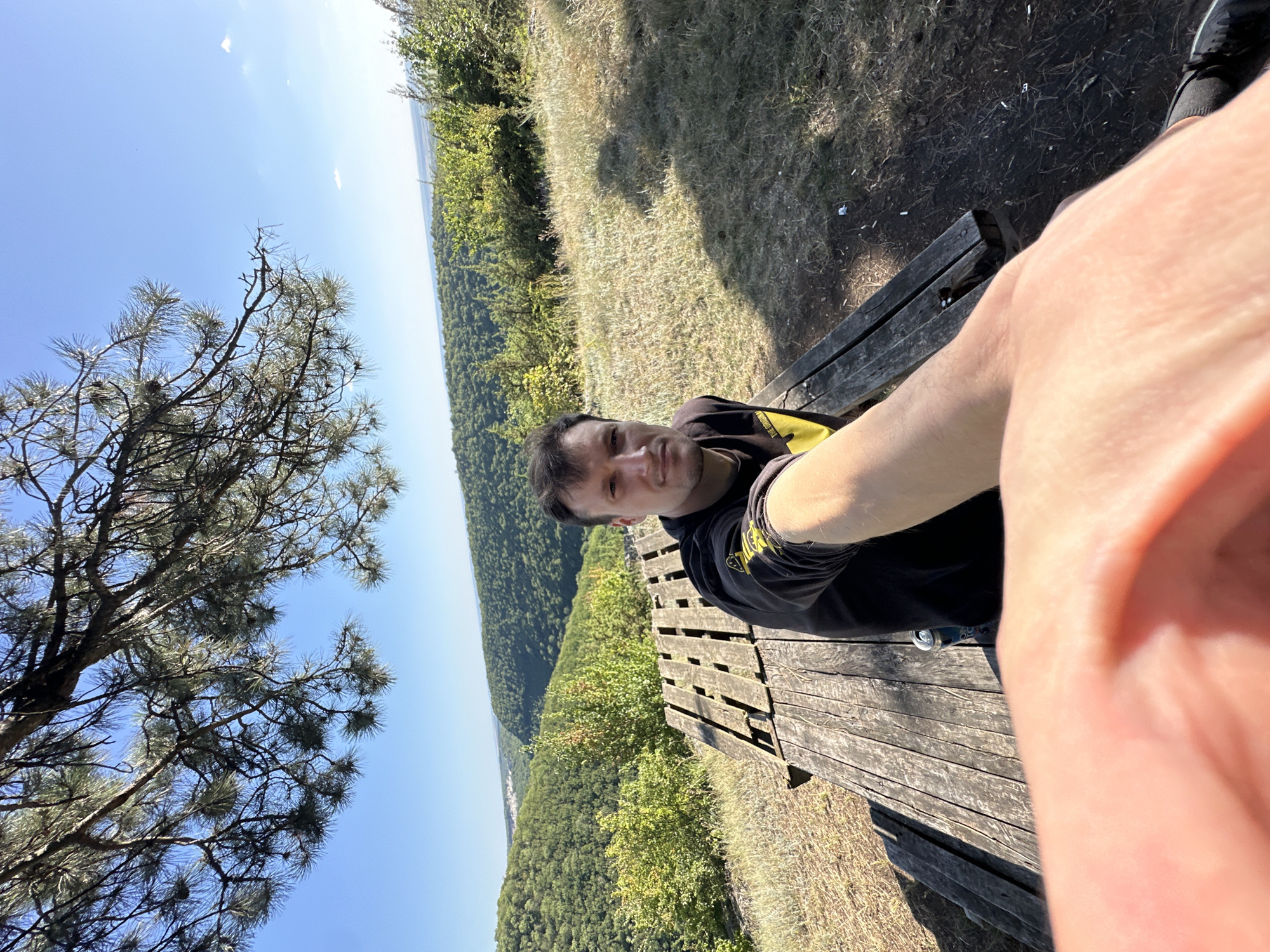 A man is captured in a selfie from a high vantage point overlooking a verdant valley. He is seated on a weathered wooden picnic table, his left arm extended towards the camera, holding it as he takes the photo. He wears a dark sweatshirt with yellow accents on the sleeves and the collar. The background reveals a dense forest that stretches across rolling hills under a clear blue sky. The sun casts long shadows, indicating it is likely late afternoon. In the distance, a faint outline of buildings suggests the presence of the town of Humentsi, Ukraine. The foreground is dominated by the man's arm and a portion of his leg, with a can visible on the table beside him. The overall scene depicts a man enjoying a moment of solitude in nature, with a panoramic view of the surrounding landscape.