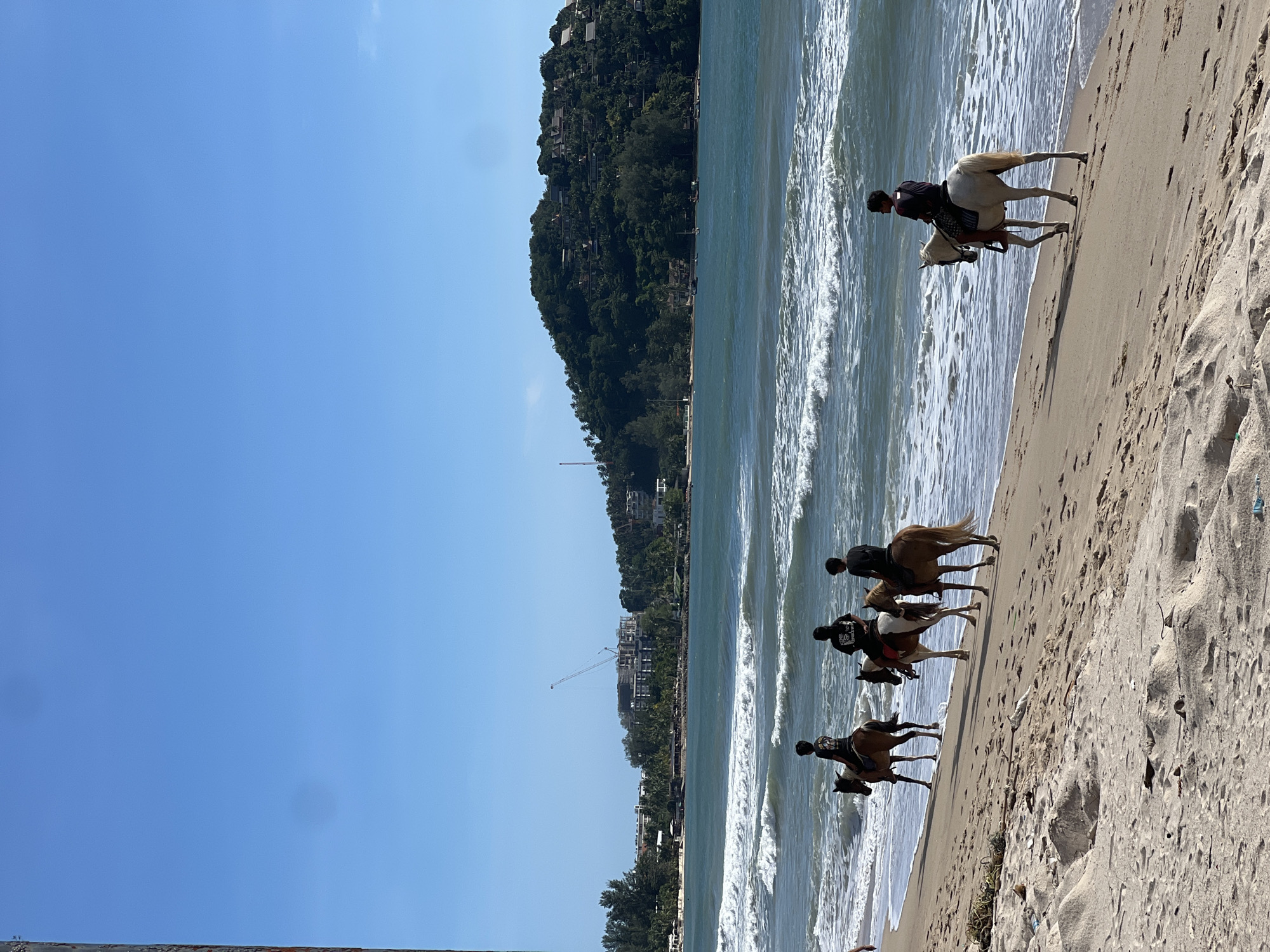 The image depicts a bright, sunny coastal scene featuring four individuals riding horses along a sandy beach. The sky is a clear, unblemished blue, with two small, dark circular anomalies visible in the upper left quadrant.
In the foreground, a light-colored sandy beach extends from the bottom of the frame towards the ocean. The sand shows variations in texture and some scattered small debris, possibly natural and anthropogenic, particularly in the lower left corner. Footprints and horse hoof prints are visible on the sand.
The ocean occupies the middle ground, displaying clear, blue-green water with moderate white-capped waves breaking and receding onto the shore. The water appears calmer further out from the coastline.
Four individuals, dressed in dark long-sleeved shirts and trousers, are positioned on the beach, riding horses parallel to the water's edge. All riders are facing away from the viewer, generally moving from left to right across the frame.
1. The leftmost rider is on a solid dark brown horse.
2. The next rider to the right is on a piebald horse, predominantly brown with significant white markings.
3. The third rider is on a solid brown horse.
4. The fourth rider, positioned further to the right and slightly closer to the waterline, is mounted on a white horse.
In the background, a developed coastline is visible. To the left, a flatter area features multiple buildings, possibly resorts or hotels, interspersed with tropical vegetation including palm trees. A tall construction crane is prominent above one of these structures, indicating ongoing development. To the right, the coastline rises into a verdant hill densely covered with trees and shrubs. Several buildings, appearing to be residences or villas, are integrated into the hillside. Small boats are visible anchored in the water closer to this part of the shore. A partial view of a dark, narrow vertical structure is present on the extreme left edge of the image. The location is Unknown, Unknown.