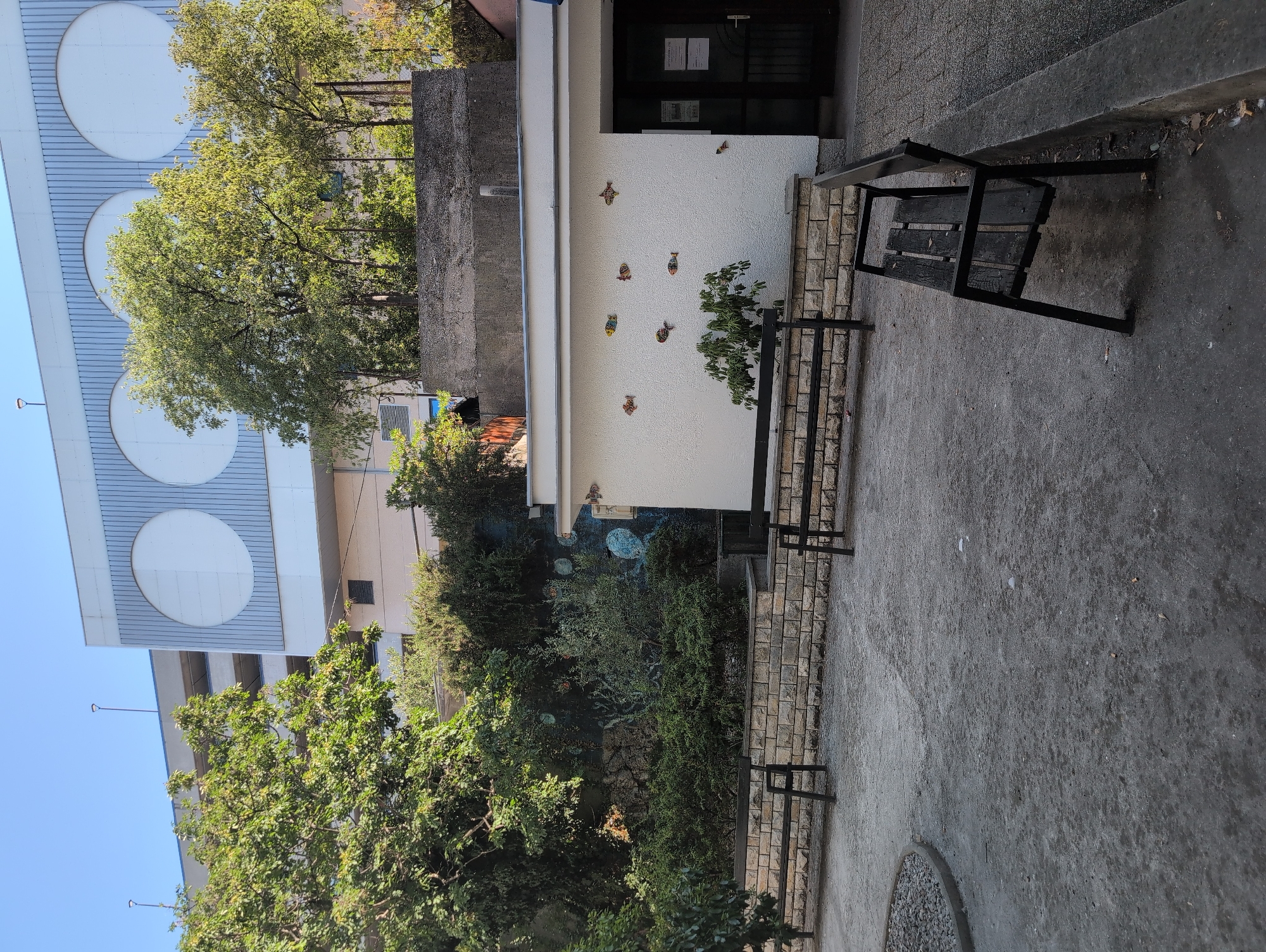 In Grad Rijeka, Croatia, an outdoor scene depicts a paved area with a textured surface, sparsely populated with scattered debris and a circular stone border on the left. Two dark metal park benches with wooden slats are positioned on a stone wall in the middle ground. Behind the wall, a building with a white facade features several colorful fish decorations adhered to its surface, some of which appear to be mosaic tiles. A small green plant grows at the base of the wall in front of the building. Further back, lush green trees and dense foliage obscure parts of a concrete structure and a multi-story building with large circular cutouts on its facade. The sky above is clear and blue.
