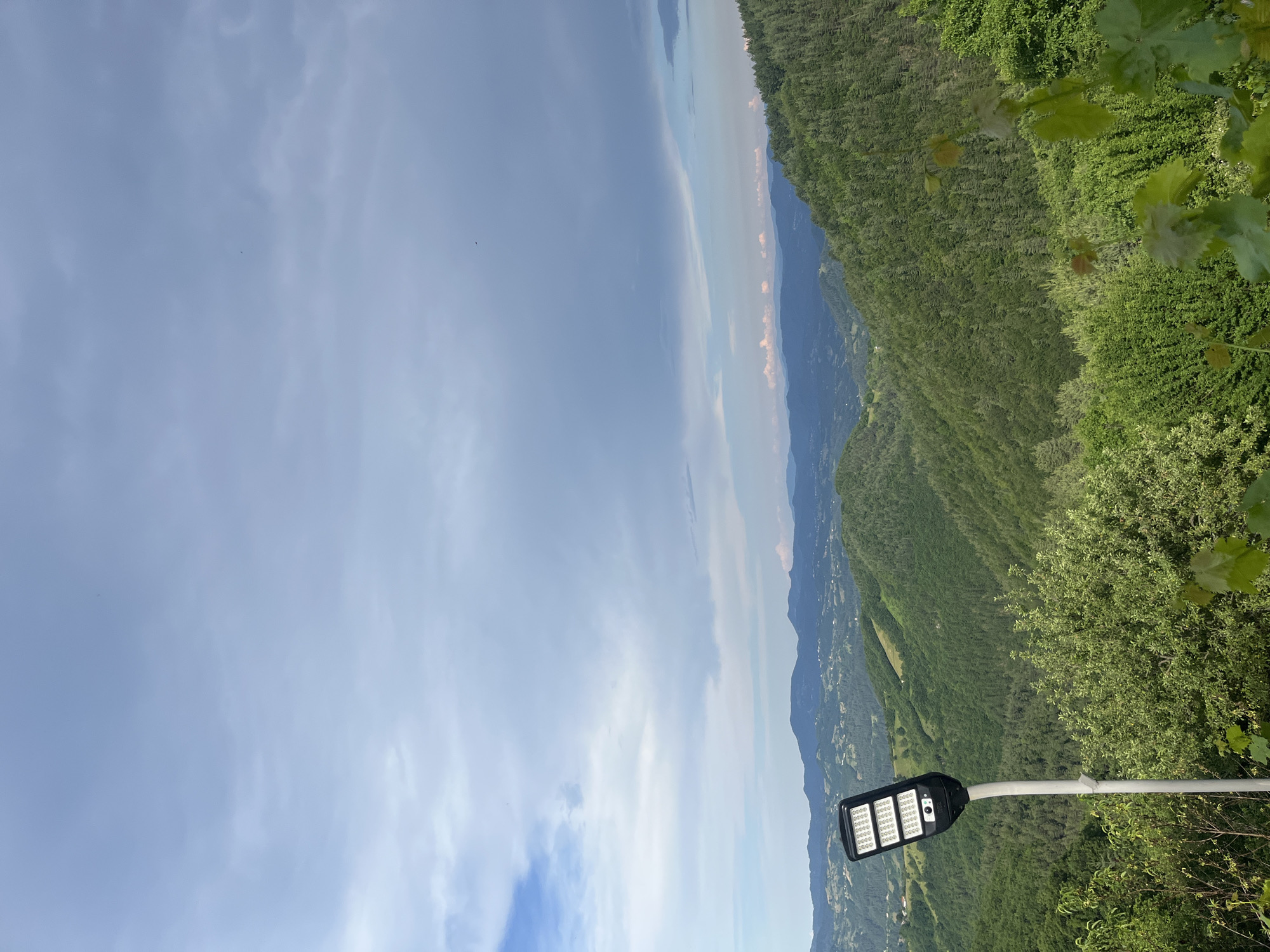 A modern, black solar-powered streetlamp stands prominently in the foreground, its rectangular head filled with numerous small LED lights and a central sensor, mounted on a tall, slender grey pole. The lamp is positioned on a vegetated hillside overlooking a vast, verdant valley. The landscape is characterized by rolling hills densely covered with a mix of deciduous and coniferous trees. In the distance, layers of blue-hued mountains recede towards the horizon under a vast, overcast sky. The sky displays a gradient of pale blue and grey with scattered clouds, suggesting a possibly cloudy day. The lower portion of the image shows lush green foliage and some grape leaves in the immediate foreground, framing the view. The scene is set in a rural, mountainous area. While the query mentions Startsevo, Bulgaria, there are no specific landmarks or elements within the image that definitively confirm this location without external information.