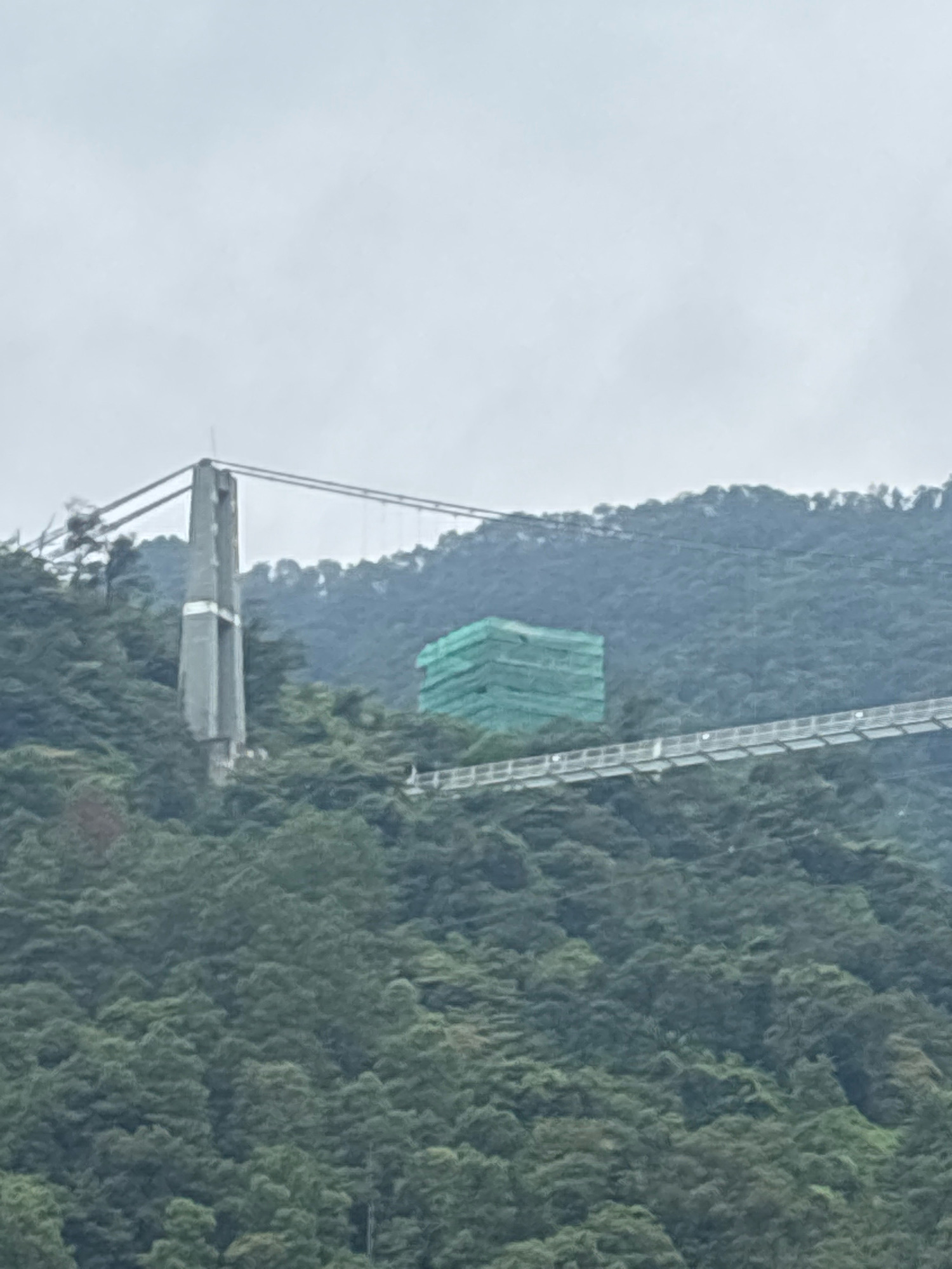 The image shows a suspension bridge with a concrete pylon on a forested hillside. A building covered in green netting is visible behind the bridge, suggesting ongoing construction or renovation. The sky is overcast. The location is identified as Sanshui District, China.