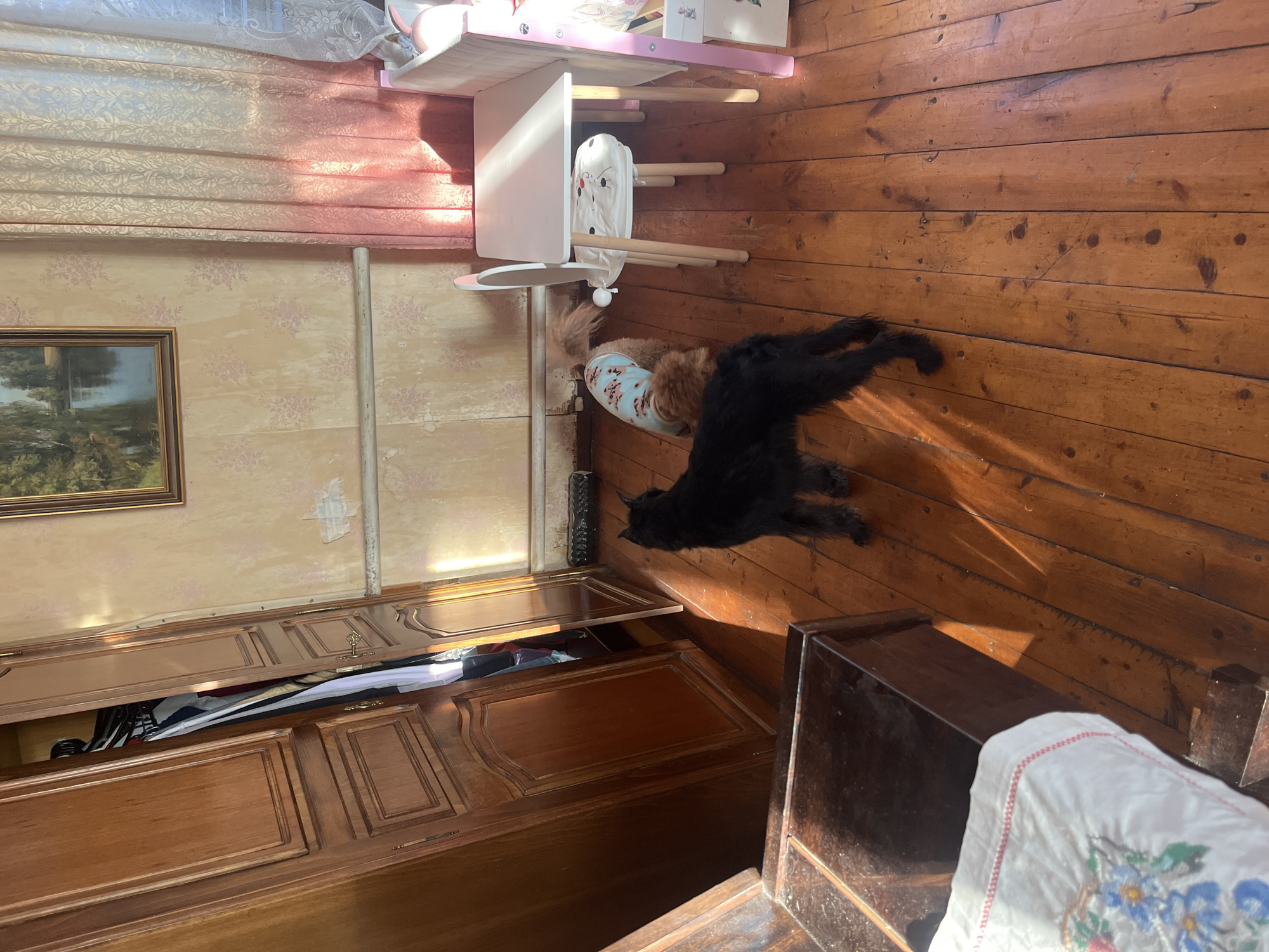A rotated indoor scene shows a wooden floor. Two pets are present: a small dog wearing a patterned blue shirt is near a child's highchair, and a black cat lies nearby on the floor. A partially open wooden chest of drawers sits against a wall covered in patterned wallpaper with a landscape painting hanging on it. A dresser with a patterned cloth on top is located in the bottom right corner of the scene. Based on the typical interior design, no location or city is able to be confirmed.