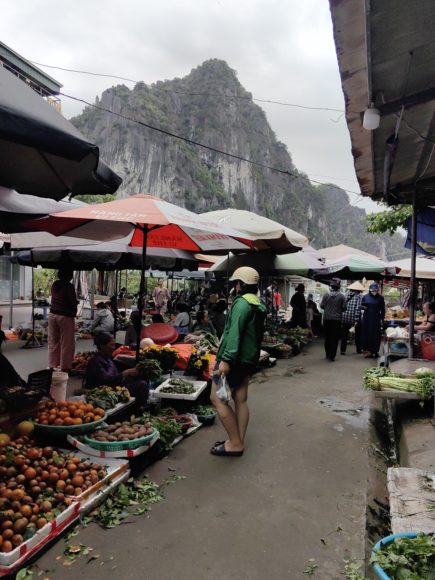 The image shows a bustling outdoor market scene in Ha Long Ward, Vietnam, with a large limestone mountain visible in the background. Vendors sit under umbrellas selling a variety of fruits and vegetables, including tangerines, potatoes, and leafy greens. Shoppers, some wearing masks, browse the stalls. One individual wearing a helmet and green jacket stands in the foreground. The ground appears wet and littered with debris. Overhanging structures and utility lines are also visible.
