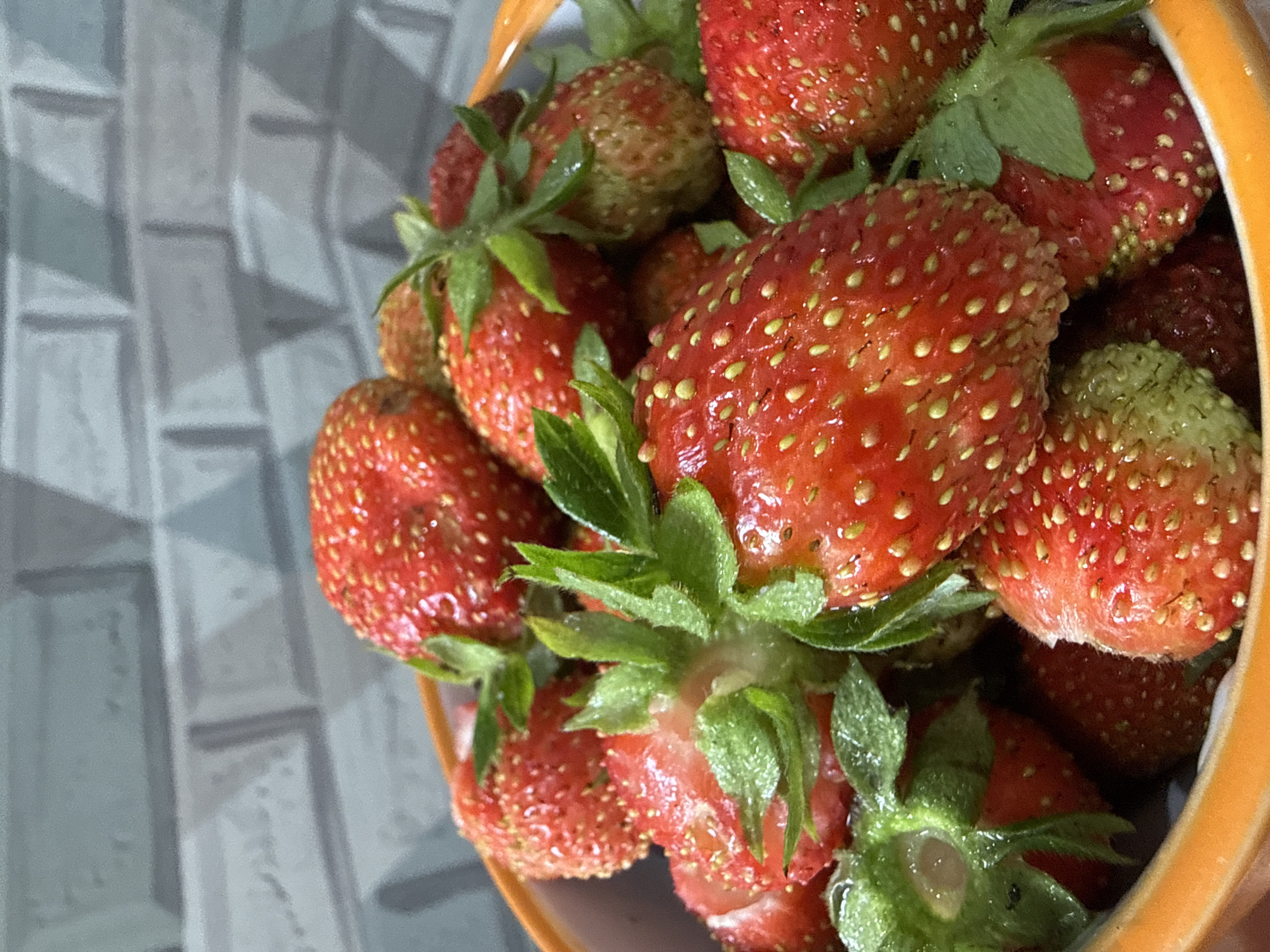 A close-up, eye-level shot captures a bowl of fresh strawberries, their vibrant red skins dotted with tiny yellow seeds. Some strawberries have a slight green hue, indicating varying ripeness. The textured surface of the fruit is visible, with some berries appearing plump and others slightly wrinkled. The bowl itself is made of a light-colored material, possibly ceramic or plastic, with an orange rim. In the background, a wall with a subtle gray, brick-like pattern is slightly out of focus. The lighting is even, highlighting the glistening moisture on the strawberries. The scene appears to be indoors, possibly a kitchen or dining area, in the city of Октябрьское, Russia.