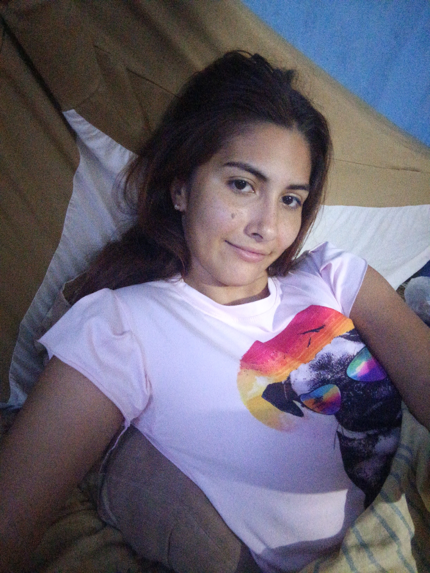 In an indoor setting, possibly a bedroom, a young woman with long brown hair and fair skin lies on her side. She is wearing a light pink t-shirt with a graphic of a cat wearing sunglasses. The background consists of muted colors, with a brown blanket and a white sheet. The lighting is dim, suggesting it may be evening or nighttime. No specific location within Juan Griego, Venezuela, can be identified from the image.