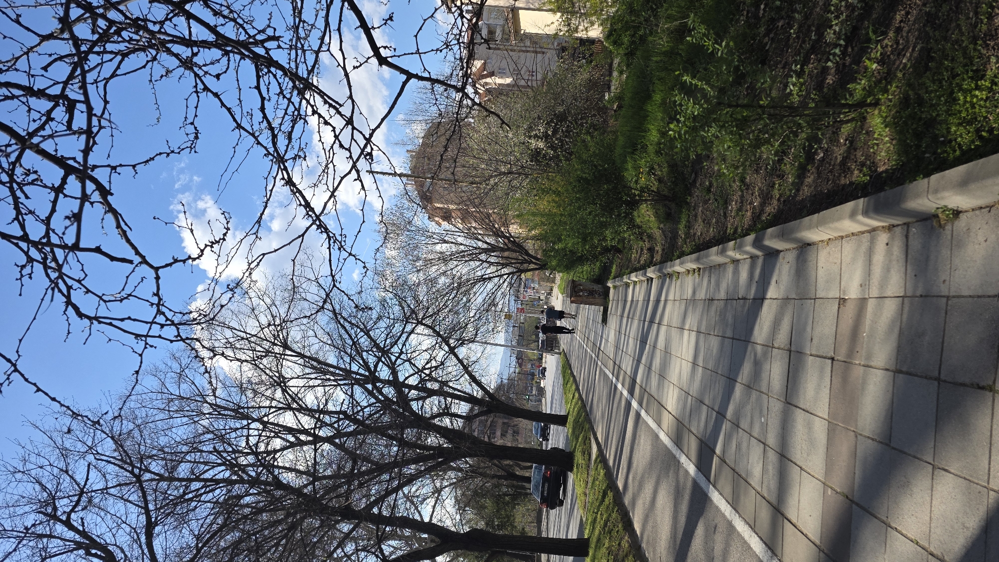 The image depicts a sidewalk in Blagoevgrad, Bulgaria, bordered by a street with cars and greenery on one side, and buildings and more greenery on the other. Two people are walking away in the middle distance. The sidewalk is paved with rectangular gray tiles, delineated by a white line. Bare tree branches frame the sky above, which is blue with scattered clouds.