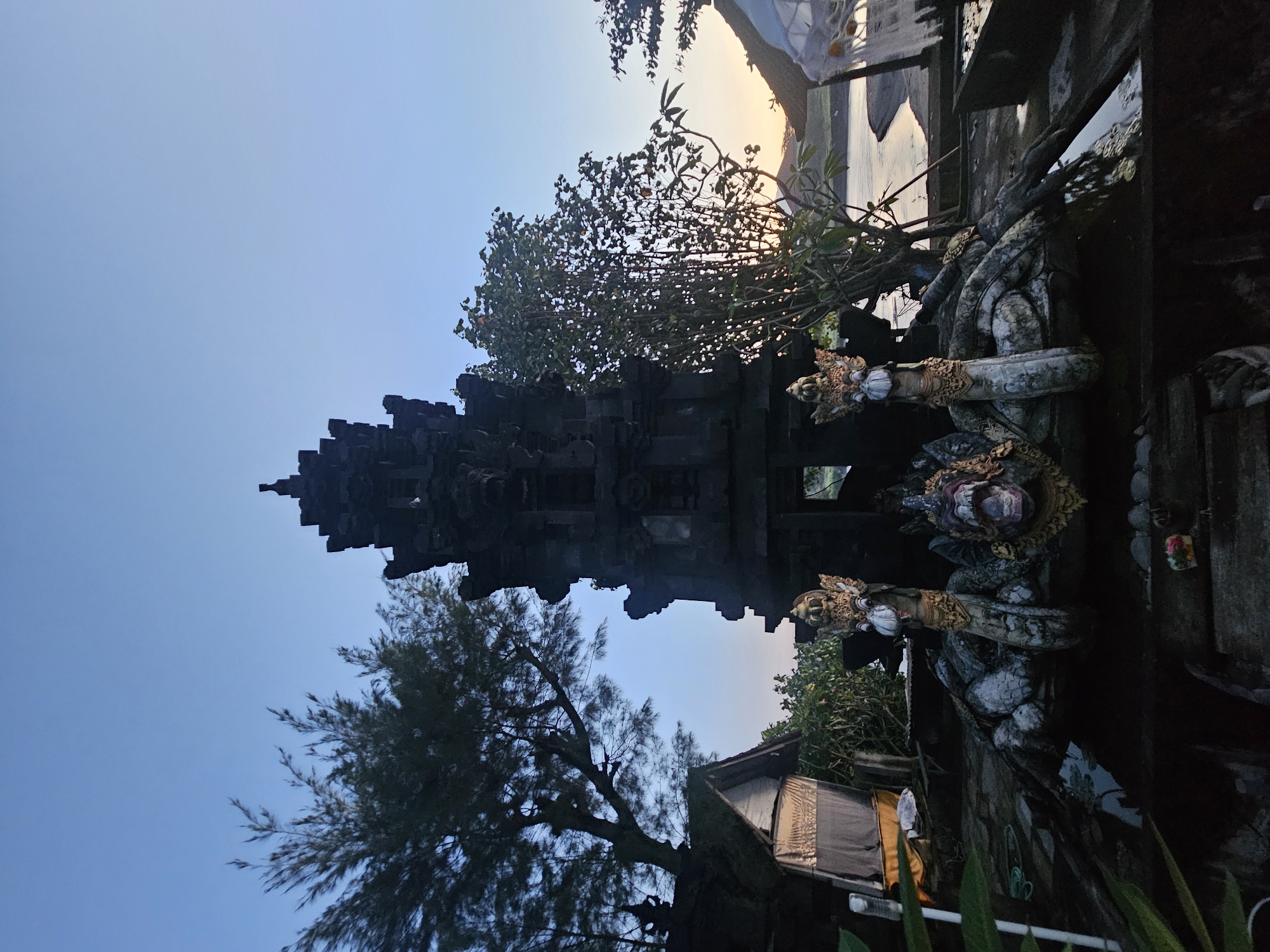 This low-angle shot depicts the Pura Blanjong temple in Denpasar, Indonesia. The temple is rendered in a dark, rough-hewn stone, towering against a pale blue sky. Trees frame the temple structure, with their branches reaching upwards. To the right of the temple, there are ornate stone sculptures of serpent-like figures, decorated with detailed carvings. The background shows a glimpse of water reflecting the light, possibly indicating a coastal location. A small building and additional foliage are visible at the base of the frame. The overall lighting suggests it is either sunrise or sunset.