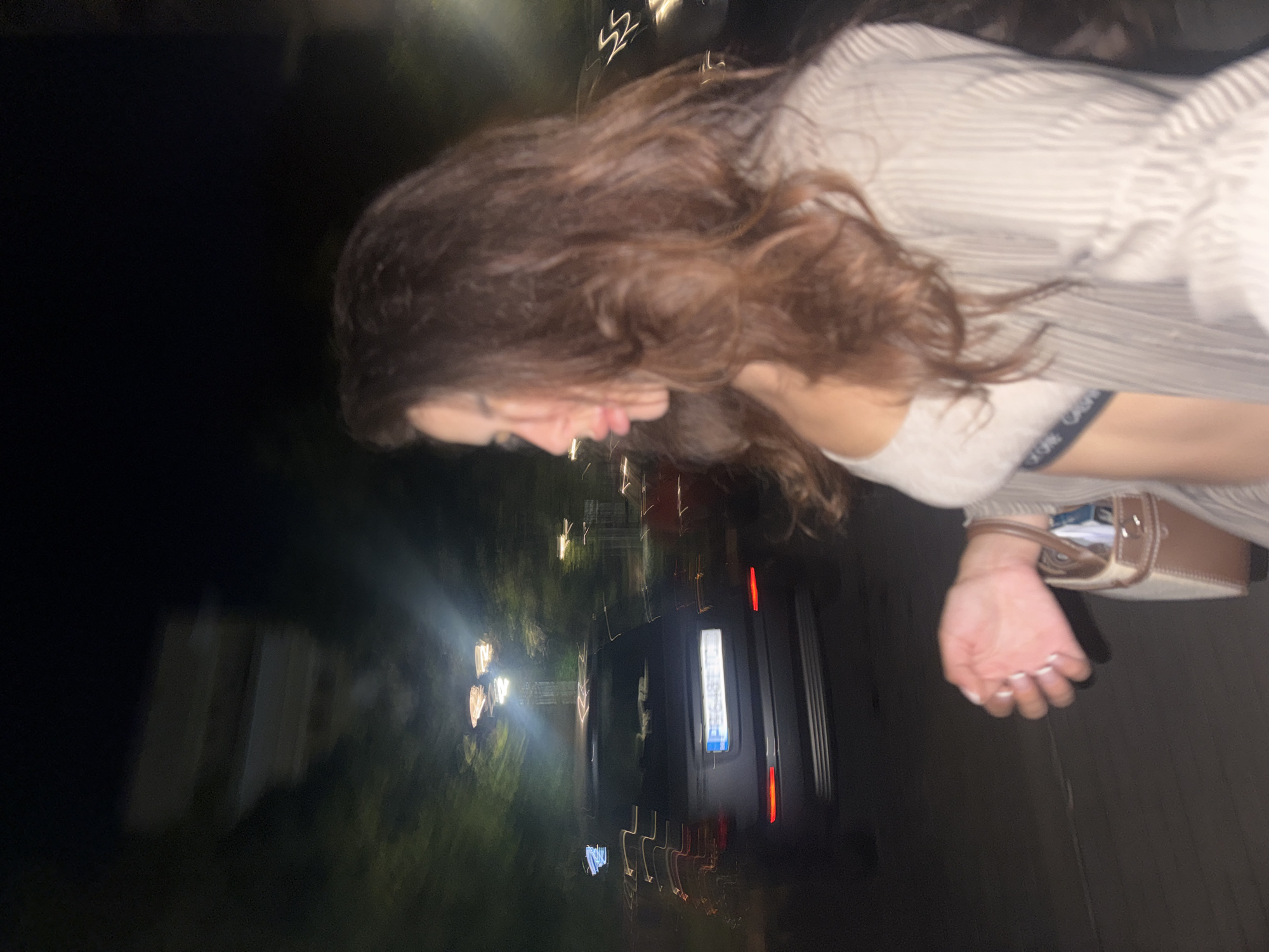 The media file shows a person, likely a woman, from the chest up, in a low-light environment, possibly at night. The person has long, brown, wavy hair that falls over their face, obscuring most of their features. They are wearing a striped top or shirt. A portion of dark-colored underwear with white text is visible at their waist, and the text appears to read "CALVIN KLEIN". The person is also holding a small, light brown purse with a strap.
The background is dark and out of focus, with streaks of light that suggest motion, possibly from vehicle lights or streetlights. There are also blurred shapes that could be trees or buildings. The overall impression is that the photograph was taken in a somewhat urban or suburban setting, likely outdoors, at night. The lights in the background have a yellowish and reddish hue, and some white light streaks are also present, possibly from car headlights. The scene suggests movement and a candid moment, perhaps taken from a car or while walking. The image is oriented such that the person is on the right side and appears to be looking downwards or sideways. The available crops provide slightly clearer views of the person's hair, clothing, and the purse. No specific weather conditions can be determined, but the dark setting points to nighttime. The location context provided is Plovdiv, Bulgaria.