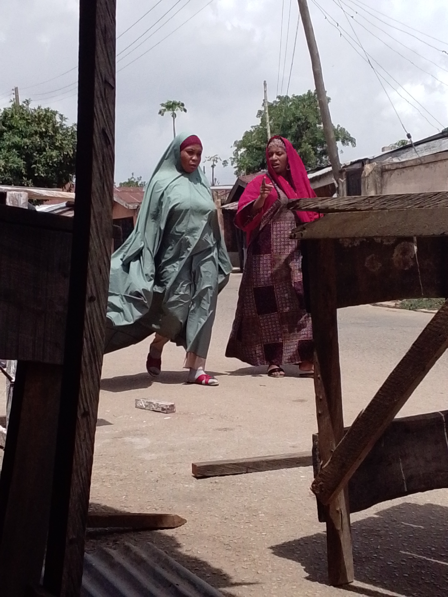 Two women are captured on a seemingly unpaved road or pathway, with wooden structures partially framing the scene in the foreground. The sky above is overcast but bright, suggesting daytime, possibly late morning or early afternoon.
On the left, a woman is seen walking or standing, clad in a flowing, light green outer garment that covers most of her body, with a red underscarf visible on her head. She wears red and white open-toed sandals. Her head is turned towards the left side of the frame, and her garment billows slightly.
On the right, another woman is dressed in a dark red head covering or shawl draped over a long, patterned dress with varying shades of red, purple, and brown. She is facing slightly towards the right and appears to be speaking or gesturing animatedly, with her mouth open and one hand raised, possibly pointing. She wears dark open-toed sandals.
In the background, rudimentary buildings with corrugated metal roofs are visible, along with lush green trees and utility poles with overhead power lines. A tall, thin tree, possibly a papaya tree, stands prominently against the sky. On the ground near the woman in green, a rectangular object resembling a brick or stone is present. The overall setting suggests a street or open area in a semi-urban or rural environment, consistent with Jos, Nigeria.
No discernible text is visible in the image.