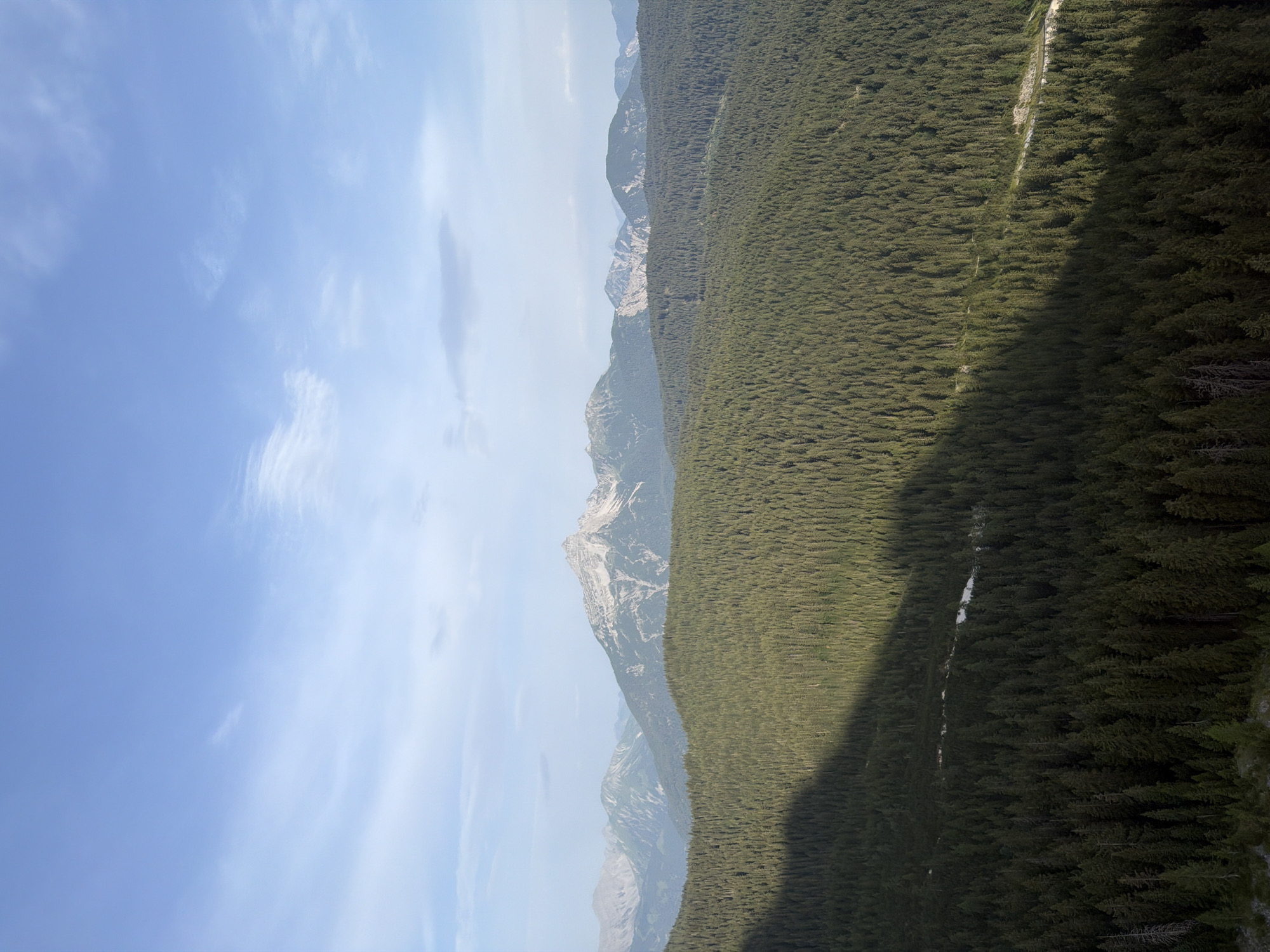 This is a panoramic, high-angle aerial photograph taken in the vicinity of Grainau, Germany, showcasing a vast, undulating expanse of a dense coniferous forest. The forest covers the lower two-thirds of the image, its texture a rich, dark green tapestry of countless evergreen trees. A dramatic diagonal shadow, cast by an unseen object or a mountain range to the left, cuts across the forest from the upper left corner, dividing the scene into a sunlit and a shaded portion.
In the background, a series of majestic mountain ranges rise, their peaks varying in height and ruggedness. The foremost range is heavily forested, giving way to rockier, more exposed peaks in the distance. The furthest mountains are rendered in softer, muted tones of gray and blue, indicating significant distance and atmospheric haze. The highest peak in the mid-background is sharply defined with visible scree slopes and rocky outcrops.
The sky above is a pale, clear blue, interrupted by wispy, white clouds, particularly in the upper right quadrant. A thin, delicate cloud formation stretches horizontally across the upper center of the sky. The lighting suggests it is likely daytime, possibly late afternoon given the length and angle of the shadow. There are no people or man-made structures, aside from a faint, winding road visible in the sunlit section of the forest, near the right edge of the frame. The environment is entirely natural and mountainous.
