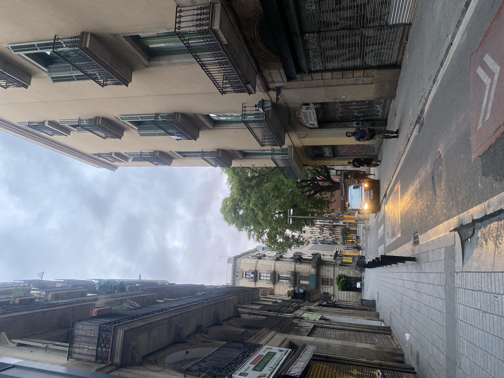 This photograph captures a street scene on Carrer de la Reina Amàlia in the El Raval neighborhood of Barcelona, Spain, likely during an overcast late afternoon or early evening. The street, which appears damp and reflective in areas, is bordered by multi-story residential or mixed-use buildings on both sides. On the left, a dark-toned, aged building rises with multiple balconies featuring ornate black wrought-iron railings. Some balconies hold potted plants, and one exhibits what appears to be drying laundry or fabric. The ground floor of this building consists of commercial establishments with closed, grafittied metal roll-down shutters. A prominent green and white sign, "SHABAAN ANWAR," with Arabic script beneath it, is visible, alongside a partial sign for "STREET FOOD & PIZZA SALARIO." A newspaper box or sign for "LA VANGUARD" is also partially visible near the bottom left. On the right, a lighter, beige-colored building with multiple floors also features balconies with black wrought-iron railings and open green-louvered shutters on its windows. A black, classical-style street lamp is affixed to this building at the first-floor level. The ground floor likewise presents commercial spaces with closed, grafittied metal shutters, one of which displays a partial sign for "ONAGUS." Another sign for "GROCERIA ISLAMICA ANWAR" with Arabic script is visible further down the street on this side, indicating a connection to the establishment on the left. The street itself is asphalt, with noticeable wet patches that reflect the headlights of an approaching vehicle. A white pedestrian crosswalk is visible in the mid-ground. Further down the street, a red painted lane segment with white chevron arrows pointing right suggests a designated bicycle or special vehicle lane. The sidewalk on the left is paved with grey interlocking bricks and is lined with several black, vertical bollards. A black waste bin and a small piece of white litter are present on this sidewalk. In the mid-ground, a light-colored van with its headlights illuminated approaches the viewer, its Spanish license plate "0081 MJN" clearly visible. The headlights cast a warm, orange glow on the wet asphalt. Several individuals populate the scene: one man in a blue t-shirt and dark cargo pants walks on the right side of the road, moving away from the camera. Another person is partially visible on the right sidewalk near the "ONAGUS" shop. Two additional figures are discernible in the distance on the left side of the street. A large, verdant tree