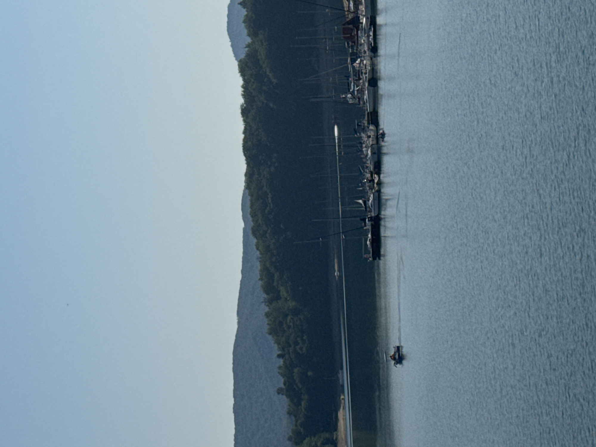 In Polańczyk, Poland, on a clear day, a calm, blue body of water, likely a lake or reservoir, dominates the foreground. A small motorboat with at least one person on board is navigating the water. In the middle ground, a marina is visible, packed with numerous sailboats of various sizes docked side-by-side. Beyond the marina, a dense, dark green forest covers rolling hills that recede into the distance, under a pale blue, cloudless sky.