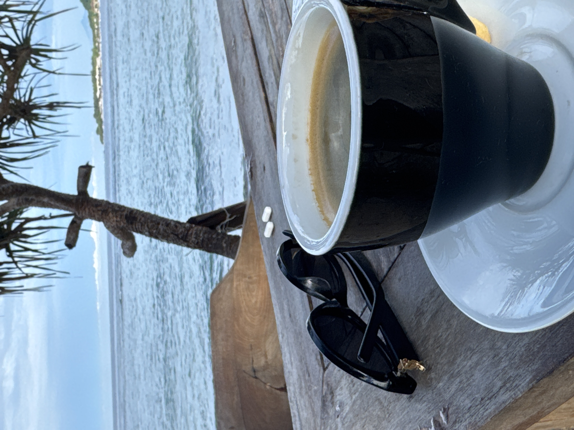 The image captures a peaceful outdoor scene, likely at a coastal location. In the foreground, a black coffee cup with a white interior, filled with a beverage showing a light brown crema, sits on a white saucer. Next to it, a pair of folded black sunglasses with a subtle gold detail on one arm are placed on a rustic wooden surface, which appears to be a table or railing. Two small, white, capsule-shaped objects are also visible on the wood near the cup.
Beyond the immediate objects, a wide body of calm, light blue-green water stretches out, meeting a distant, hazy coastline or island under a clear, pale blue sky. A tree branch, possibly from a tropical plant with spiky leaves, extends into the frame from the upper left. The bright, natural daylight suggests it is daytime, contributing to a tranquil and relaxed atmosphere. No people are visible, emphasizing a quiet moment of leisure by the sea. There is no visible text in the image.