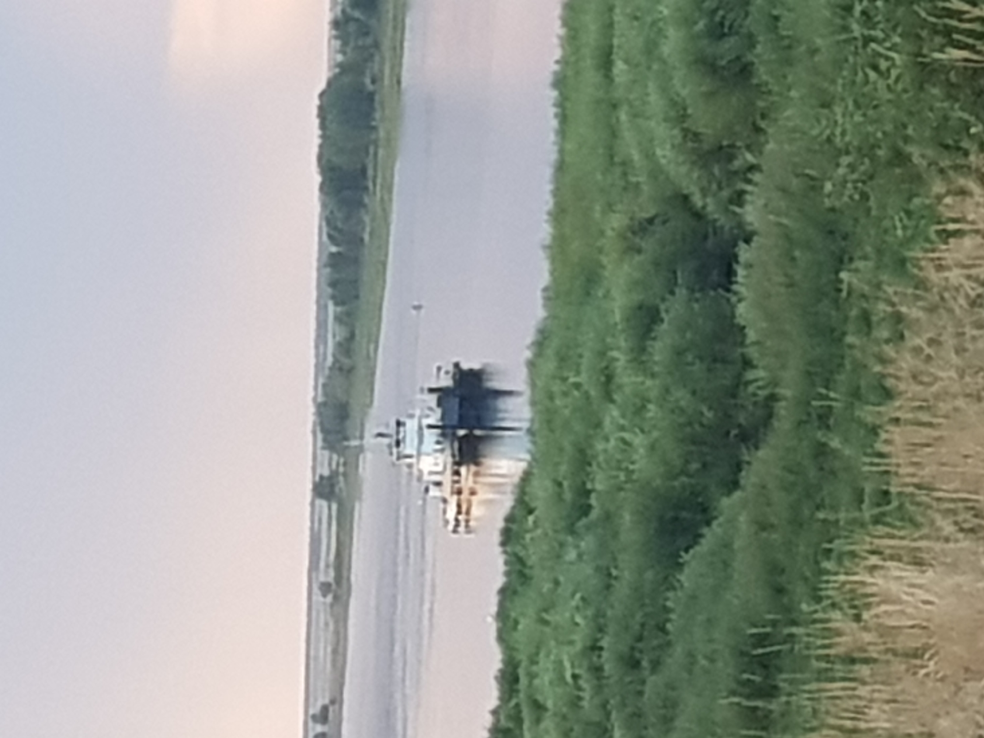 The image depicts a wide river with a tugboat navigating on it. The tugboat, primarily white with some darker sections, is positioned in the middle of the frame. The river is calm, reflecting the sky and the boat. Along the banks of the river, there are lush green vegetations, with taller grass and reeds in the foreground. In the distance, a treeline is visible, suggesting a natural landscape. The sky is overcast with soft, muted tones, indicating either early morning or late evening. The overall scene is tranquil and natural, with no signs of urban development or human activity beyond the presence of the tugboat.
