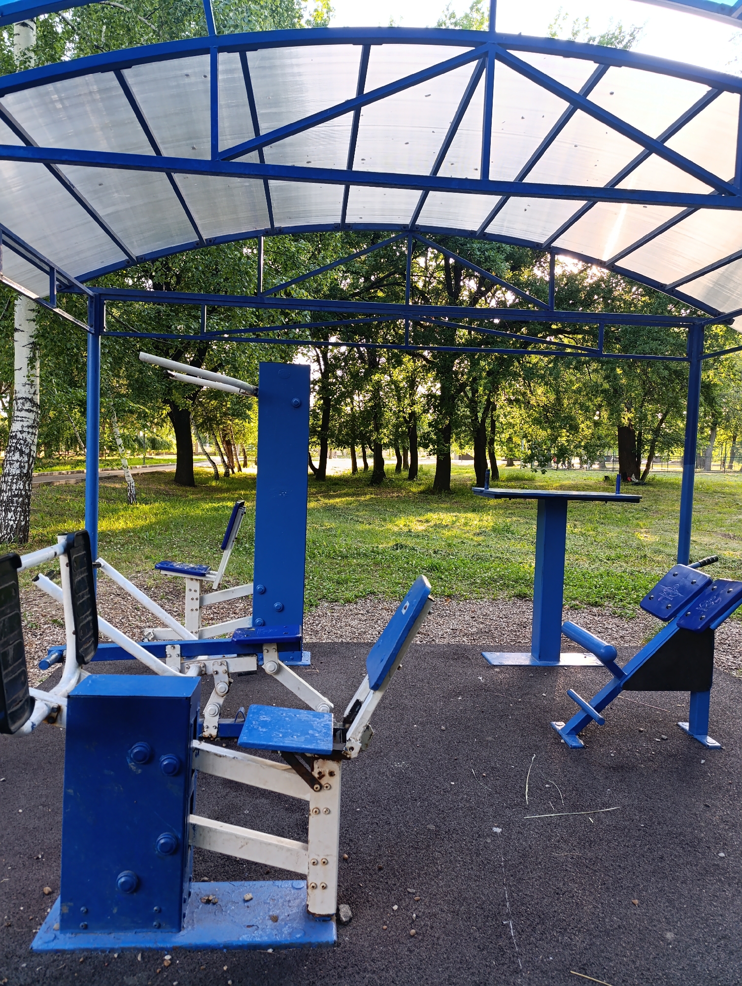 An outdoor fitness area in Novokuybyshevsk, Russia, is depicted under a blue-framed canopy with a translucent, ribbed roof. In the foreground, a blue and white weight machine, likely for leg presses, is visible. To the right, another blue weight machine with black padded supports, possibly for abdominal exercises, is present. In the middle ground, a blue table-like structure with two short vertical posts stands on the dark gray, rubberized ground surface. The background features a grassy area with scattered gravel and trees, suggesting a park or recreational space. The lighting indicates it is either early morning or late afternoon, with sunlight filtering through the trees. No people are visible in the image.