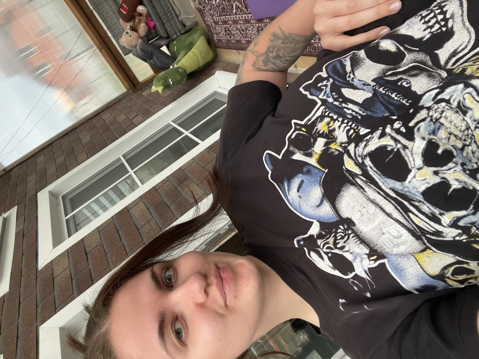 A selfie shows a young woman indoors in front of a window. She has light skin, brown hair, and green eyes. She wears a black t-shirt with a graphic design of skulls. Her left arm is visible, bearing a tattoo. A window with white trim is behind her, with brown brick visible in the background. Toys, including a stuffed bear and a green dinosaur, are visible on a patio. The location is near Мосметаллоконструкция Онт, Russia.