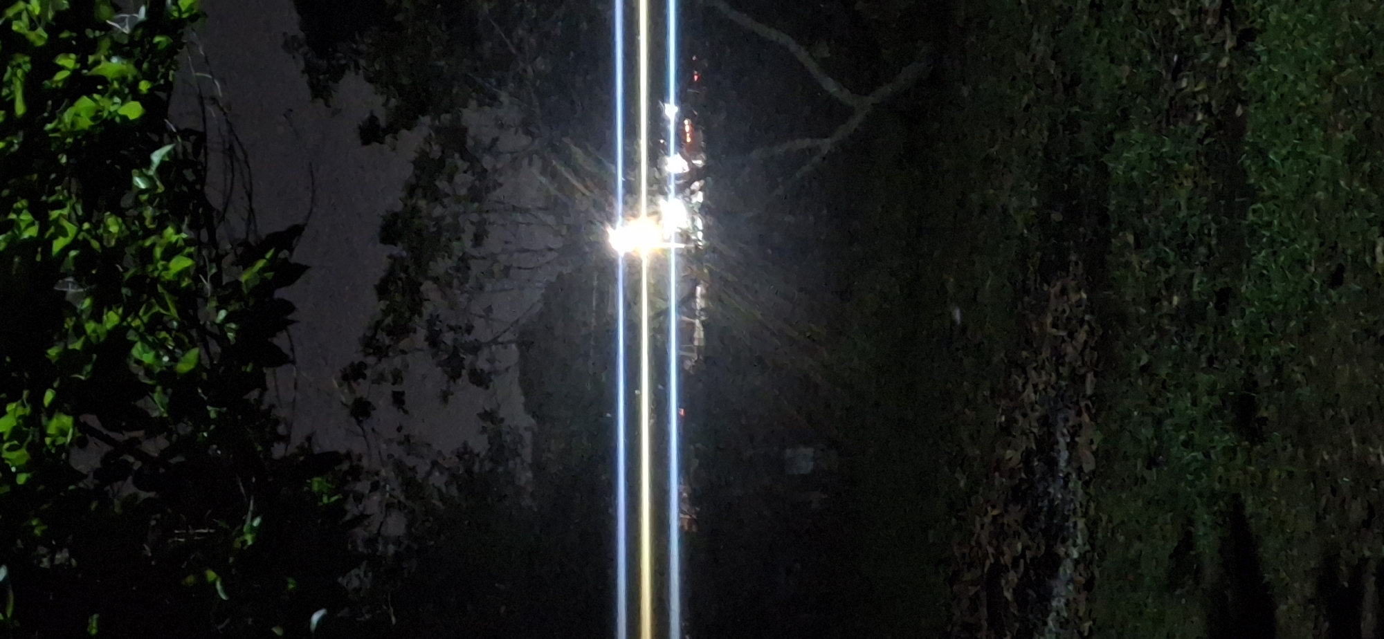 The image shows a road in Vallecito, Venezuela at night. The road is marked with yellow and blue lines. On either side of the road, there is vegetation. The image is dark and the light sources create streaks.