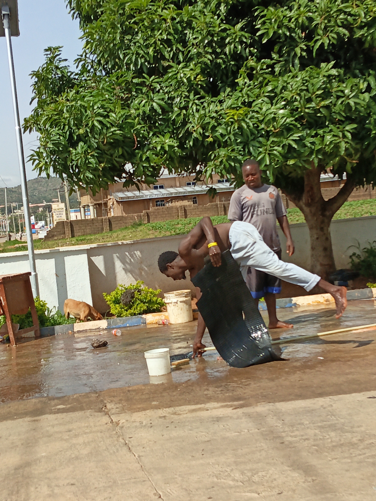 In the city of Unknown, Unknown, a shirtless Black male is seen on his hands and knees, appearing to be cleaning a large, black mat with water. He is wearing light-colored pants and a yellow wristband. Another Black male, wearing a grey t-shirt and dark shorts, stands behind him, observing. The ground is wet, indicating a recent washing or spillage. To the left, a light brown dog is visible, near a green bush. In the background, there are buildings and a large tree. The scene appears to be outdoors, on a paved surface.