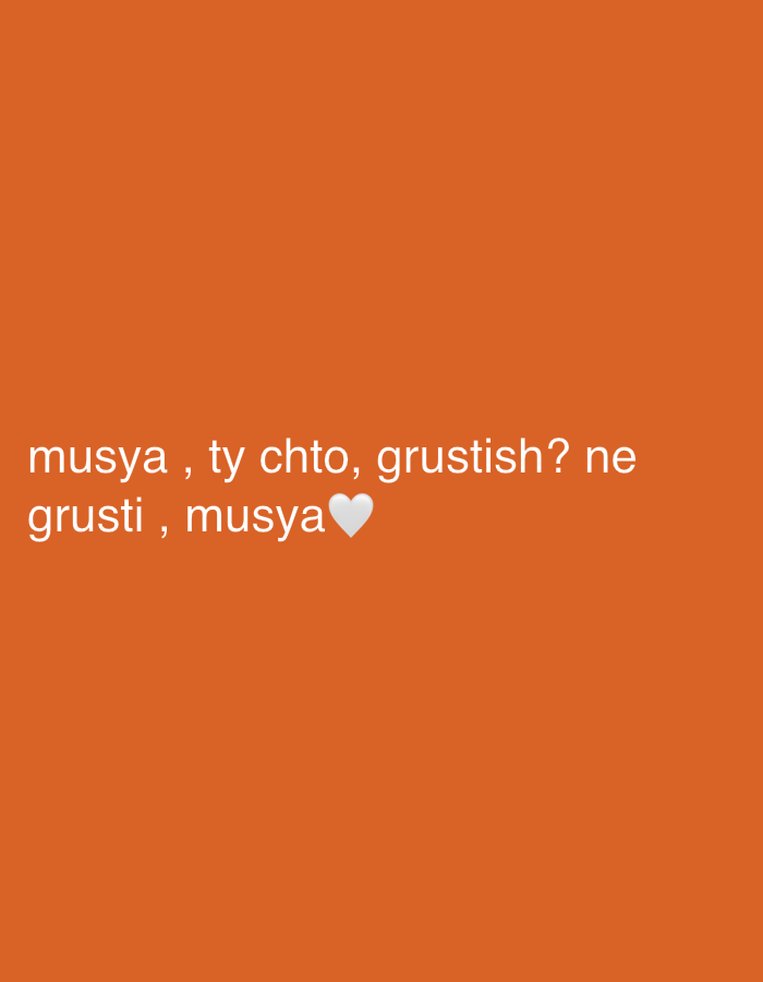 The image features white text displayed against a plain, solid, bright orange background. There are no other discernible subjects, objects, or environmental details.
The text is presented in what appears to be a casual font and is written in a language that uses Latin characters but suggests a Russian origin (often seen in transliterated Russian online). The message spans two lines:
1. "musya , ty chto, grustish?"
2. "ne grusti , musya🤍"
Translated from Russian, the text means: "Musya (a diminutive or pet name), what's wrong, are you sad/upset? Don't be sad/upset, Musya🤍".
The overall sentiment conveyed is one of concern, comfort, and affection. The first line poses a question, inquiring about the well-being of someone referred to as "Musya" and asking if they are sad. The second line offers reassurance and comfort, instructing "Musya" not to be sad, and is accompanied by a white heart emoji, emphasizing love or care. The image provides no specific location cues, time of day, or weather information.