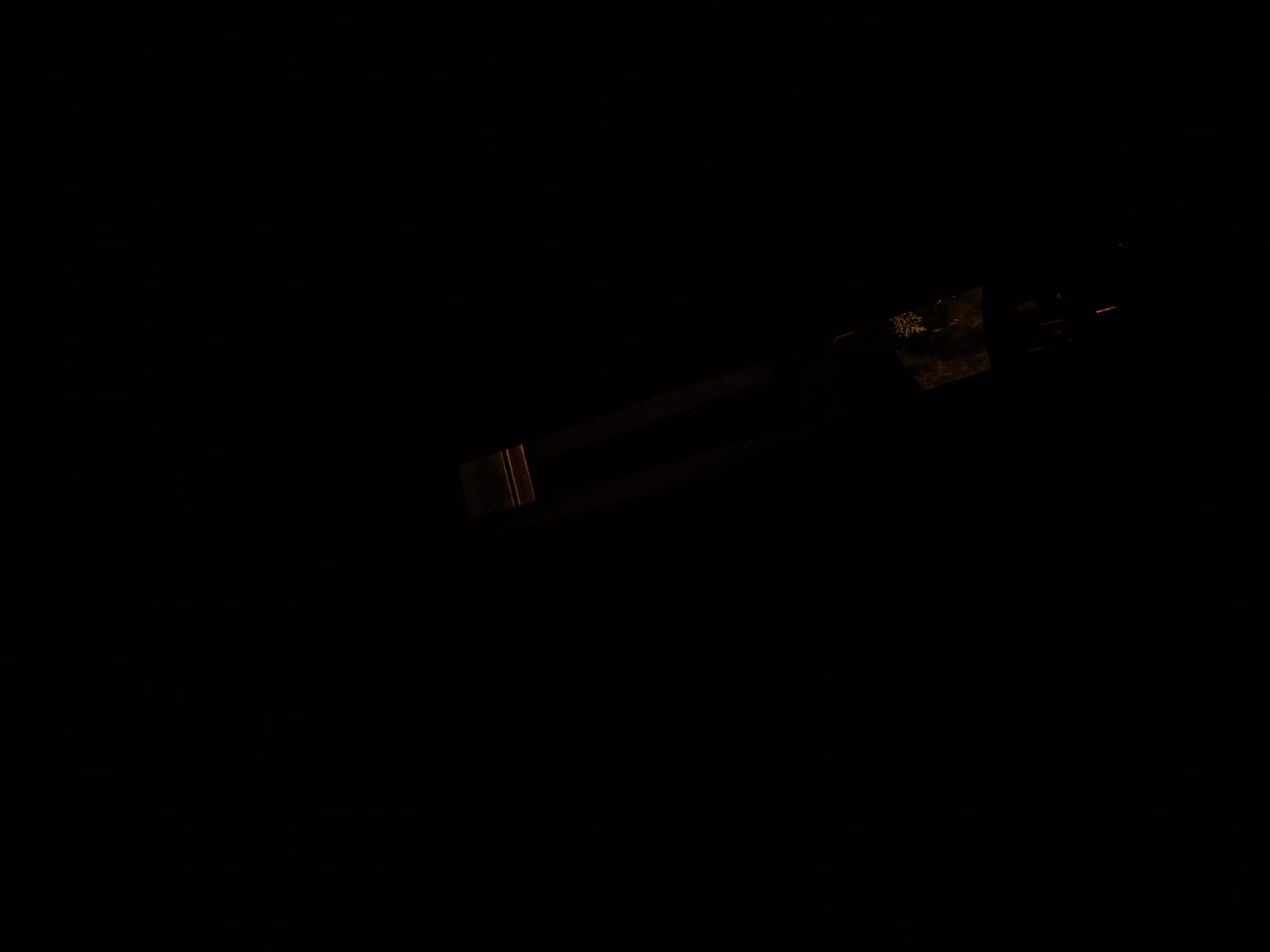 The image, taken in Le Teich, France, depicts a dimly lit scene focused on a metallic object. The object appears to be a pair of tongs or tweezers, made of a dark metal, possibly steel or iron. It is angled diagonally across the frame, with its jaws open. One jaw is slightly blurred, suggesting movement. The other jaw is more in focus and shows a textured surface, possibly with some discoloration or residue. The background is predominantly black, indicating a dark or underexposed environment, with faint, warm light reflecting off the metallic surface, highlighting its shape and texture. The overall impression is one of a close-up shot of an industrial or tool-like object in a very low-light setting.