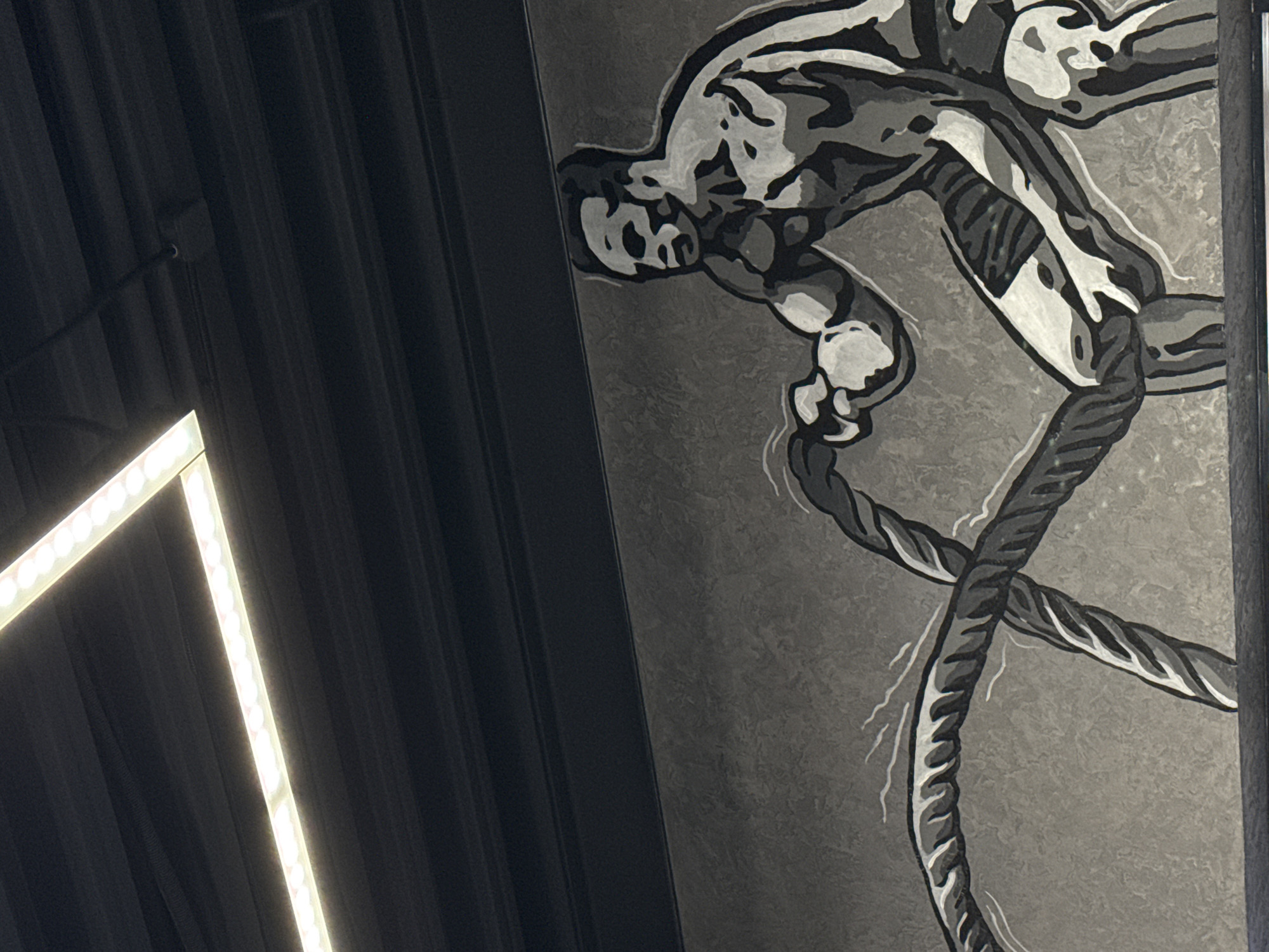 The image shows a section of a wall in what appears to be a gym or fitness center. On the right side of the frame is a mural painted in grayscale, depicting a stylized figure of a muscular man climbing a rope. The figure is mid-climb, with both hands gripping the rope. The rope itself is thick and twisted, suggesting a climbing rope used in strength and conditioning exercises. The background of the mural has a textured, stone-like appearance.
To the left of the mural is a section of the building's interior, possibly the ceiling. It's composed of dark, vertical panels with a linear LED light fixture positioned at an angle. The light is bright white and contrasts with the dark panels.
Given the prompt, it's assumed this location is within Votkinsk, Russia. Without additional context, the specific location within the city cannot be determined. However, the presence of the mural and the gym-like setting strongly suggest this is a fitness facility or athletic center within Votkinsk.