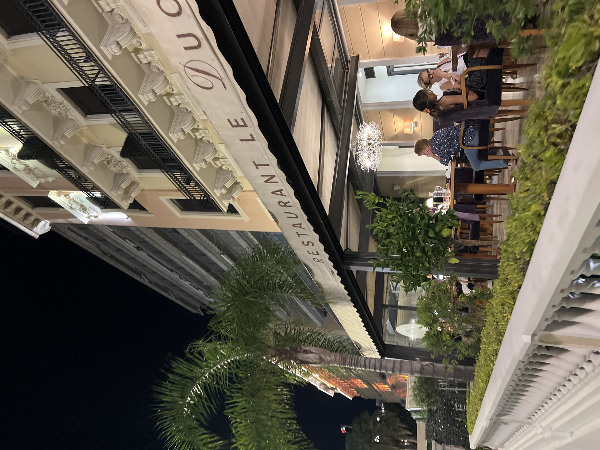 The image shows an exterior view of a restaurant at night, located on the Promenade des Anglais in Nice, France. The restaurant, identified by the sign "RESTAURANT LE DU," has an awning over its outdoor seating area. Several patrons are seated at tables, with some engaged in conversation and others looking at their phones. A palm tree is visible to the left of the frame, and a white balustrade runs along the foreground, separating the restaurant from a pedestrian area. The building behind the restaurant is illuminated, and its facade features classical architectural details. The overall atmosphere is upscale and relaxed, characteristic of a dining establishment on the French Riviera.