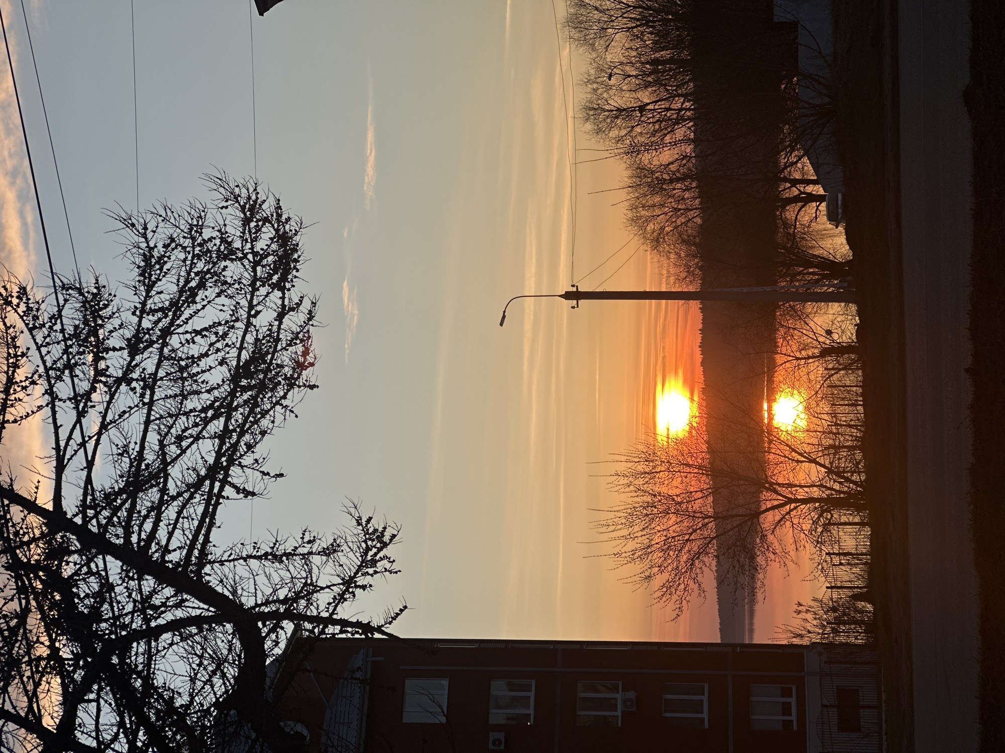 The image captures a vibrant sunset or sunrise over a semi-urban landscape in Votkinsk, Russia. The sky dominates the frame, displaying a gradient from light blue-grey at the top to a brilliant orange and fiery red near the horizon. Thin, horizontal clouds are subtly visible across the sky.
Two intensely bright, circular orbs, likely the sun and its reflection on a body of water or a highly reflective surface, are prominent near the center-right of the horizon, casting a strong golden glow.
In the foreground and midground, several bare, deciduous trees are silhouetted against the bright sky, indicating a colder season such as late autumn, winter, or early spring. A large, intricately branched tree occupies the left side of the frame. A tall street lamp pole stands upright towards the center-right, with power lines running across the upper sky.
At the bottom of the image, sections of buildings are visible. On the left, a dark building with white-framed windows and an external air conditioning unit is partially seen. Further to the right, a darker, indistinct structure or line of trees forms a low horizon, below which a dark, horizontal band, possibly a body of water or distant land, reflects some of the sky's light. A road or path runs along the far right edge.
The scene conveys a dramatic yet serene atmosphere, characterized by the stark silhouettes contrasting with the colorful sky. No visible text is present in the image.