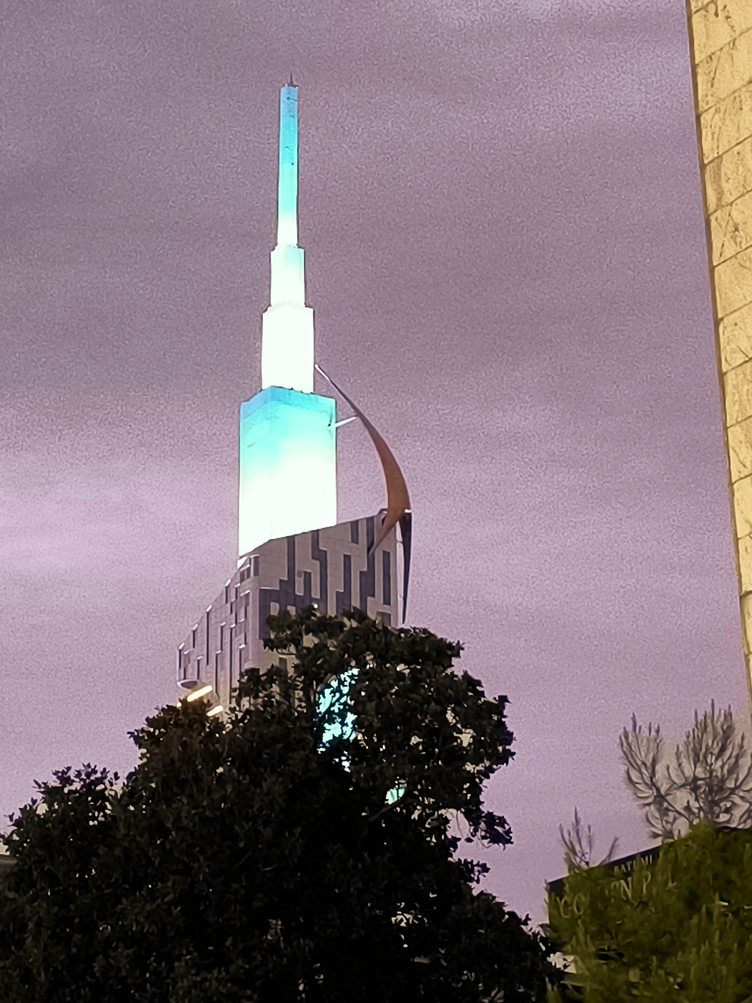 This is a nighttime, eye-level, medium shot of a modern skyscraper in Batumi, Georgia, with a purple-tinted sky. The skyscraper has a spire illuminated with blue and white lights, and its lower sections are covered in a dark, geometric pattern. A large tree with dark green foliage is in the foreground, partially obscuring the base of the building. To the right, a section of a stone building with visible mortar lines is also present. In the lower right, there are illuminated green trees or bushes, and a sign with the text "BATUMI" and "CO N PL" is visible. The overall impression is of a contemporary urban landscape at dusk or night.