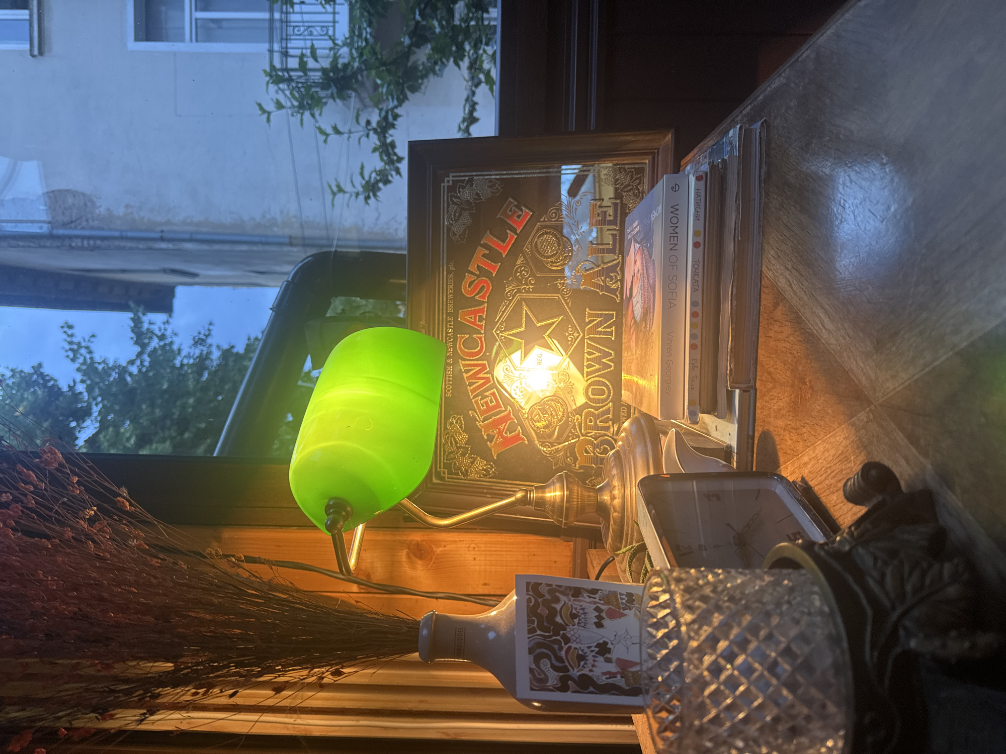 The image displays a dimly lit indoor scene, likely at twilight or night, featuring an eclectic collection of objects arranged near a window. A prominent green desk lamp with a glowing shade casts warm light on the items. To its right, a vintage-style mirror or sign is visible, bearing the text "NEWCASTLE BROWN ALE" and "SCOTTISH & NEWCASTLE BREWERIES. plc.," alongside a star logo and the word "REG." The lamp's illumination also catches a stack of books standing upright next to the sign.
Visible titles on the books include "WOMEN OF SOFIA" by "Vihren Georgiev," and two Bulgarian titles: "НАТИСНИ" (Press) and "ТОЧКАТА" (The Dot/Point) by "Ерве Тюле" (Hervé Tullet). To the far right, a textured glass object and an old-fashioned alarm clock are partially seen. On the left side, a bundle of dried, dark twigs, resembling a small broom, rests on a wooden surface, adjacent to a decorative white bottle with a patterned design. Outside the window, a residential building with visible windows and a balcony railing is discernible, partially obscured by dark foliage against a soft, muted sky. The overall scene conveys a cozy, perhaps nostalgic atmosphere, with the "WOMEN OF SOFIA" book explicitly situating the setting in Sofia, Bulgaria. No specific activity or event is taking place; it is a static still life arrangement.