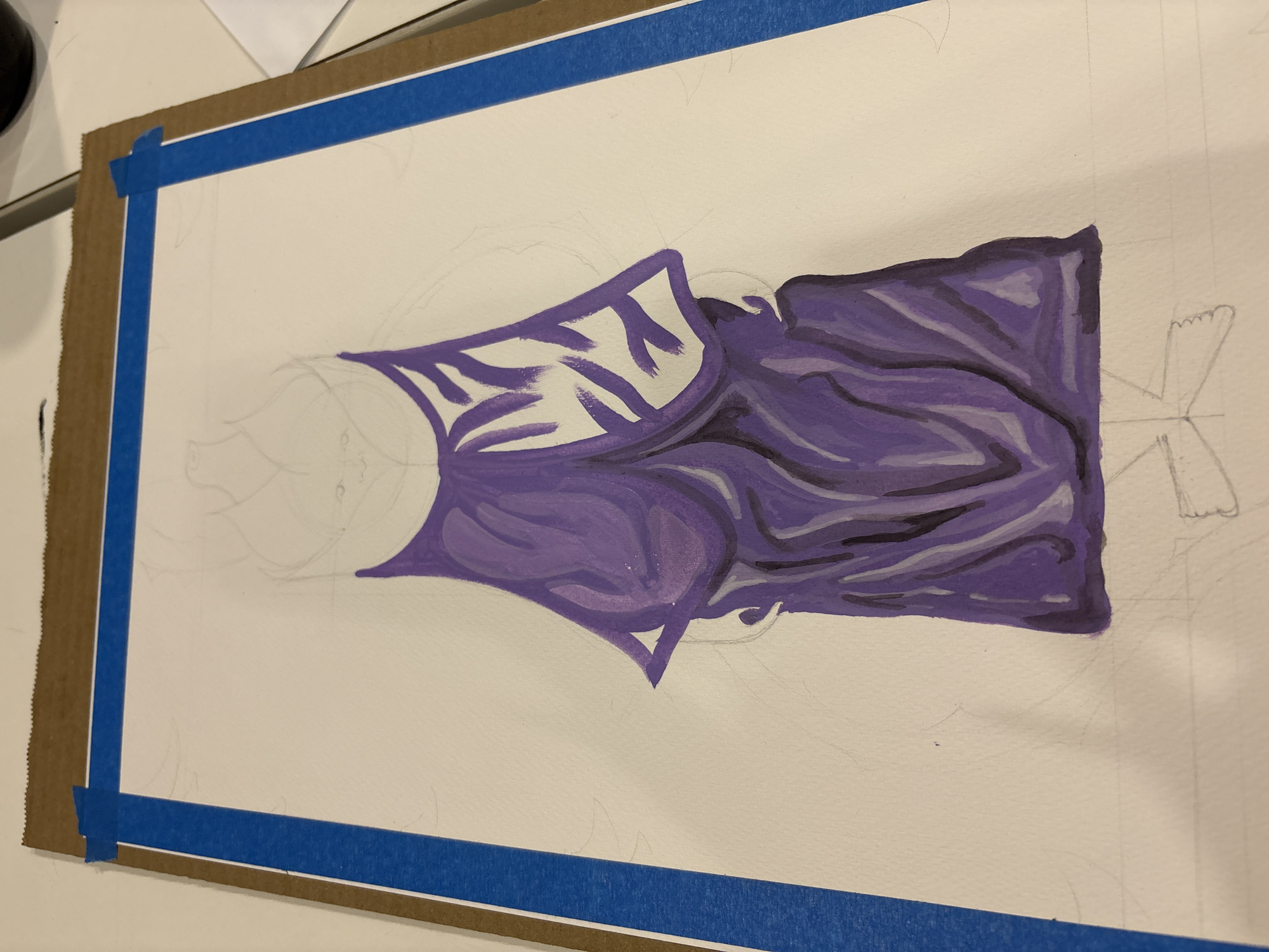 A photograph depicts a partially painted artwork on a white surface framed by brown cardboard with blue tape edges. The artwork features an abstract design, predominantly in shades of purple, occupying the central area of the paper. Pencil lines indicate further elements of the design that remain unpainted. The setting appears to be an indoor space, potentially a studio or workspace. There is no indication of the location of the city of Mexico City, Mexico.
