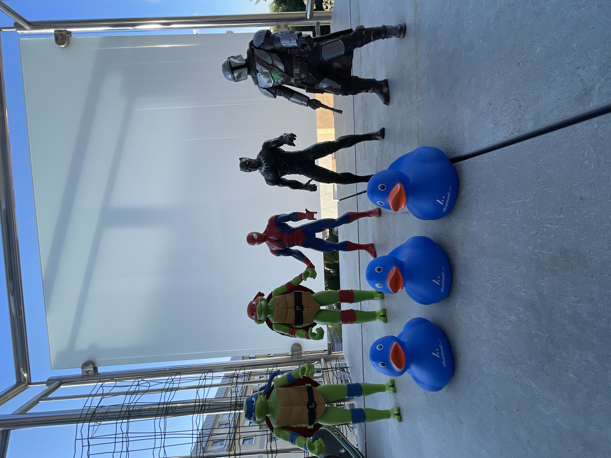 In an outdoor setting, possibly a balcony or rooftop, with a clear blue sky overhead, several action figures and rubber ducks are arranged on a gray, textured surface. The action figures include two Teenage Mutant Ninja Turtles, Spiderman, Black Panther, and the Mandalorian. The Teenage Mutant Ninja Turtles are positioned on the left side, followed by Spiderman and then Black Panther and the Mandalorian on the right. In front of the action figures are three blue rubber ducks, each with orange beaks and eyes. The surface they are on has a subtle pattern of lines, suggesting paving stones or a similar material. To the left, there is a metal railing with a wire mesh section, and a hint of a building facade with windows is visible in the background. A large, translucent white panel stands behind the figures. The lighting suggests it is daytime, with sunlight casting subtle shadows.