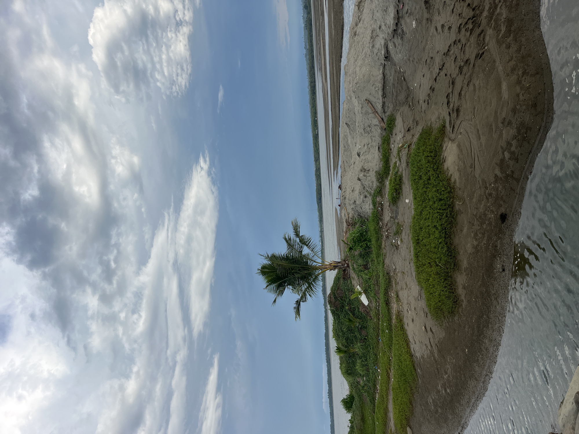 The image shows a beach area in Lhokseumawe, Indonesia, situated along a body of water (likely a river or sea). The sky is partially covered with clouds. A single coconut palm tree is growing near the shoreline. The beach is composed of sand with patches of vegetation. Trash is scattered on the sand near the vegetation. The water is relatively calm.