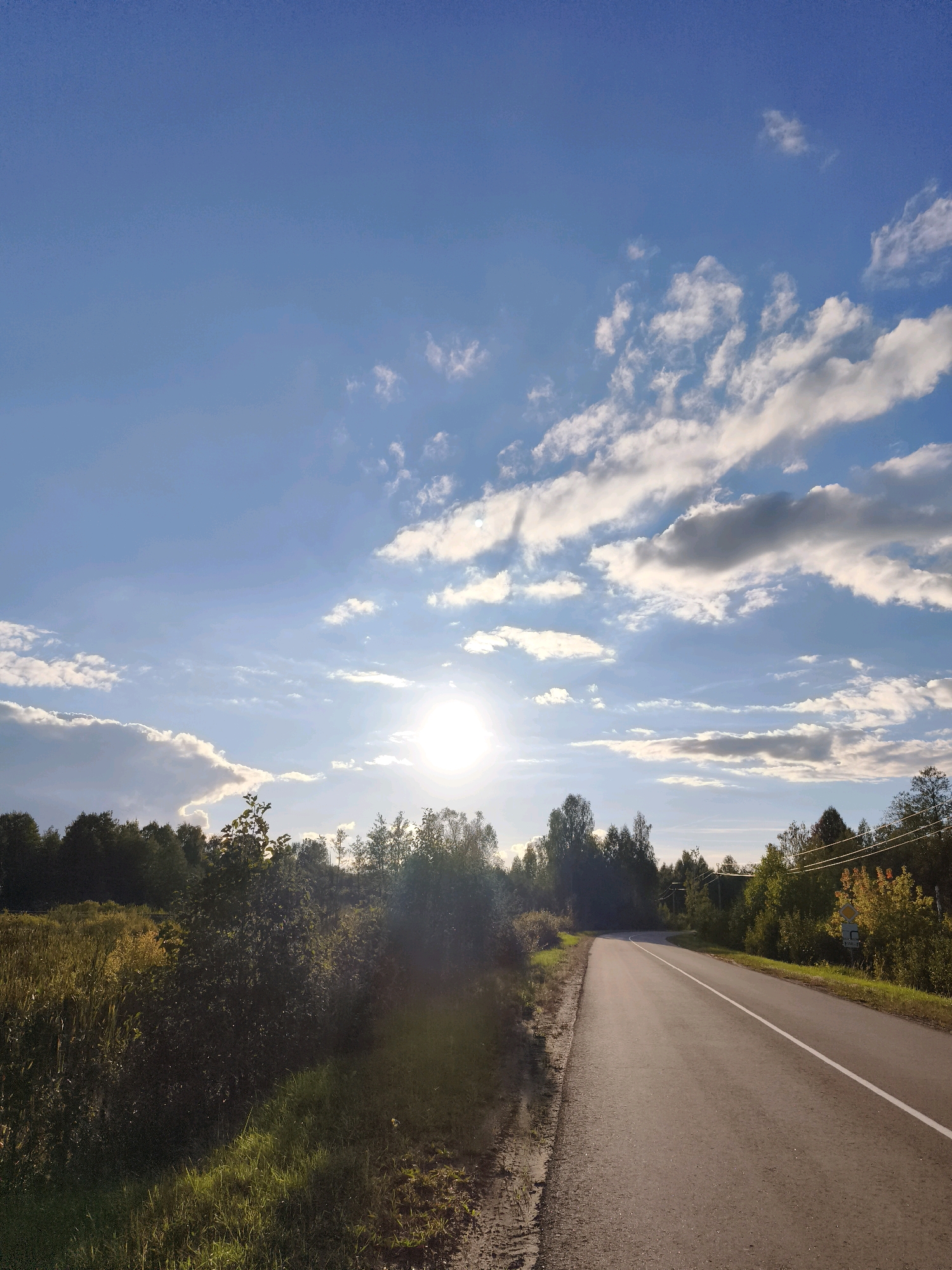 The image shows a paved road winding through a rural landscape under a bright, partly cloudy sky. The sun is shining brightly, casting a glare on the road and illuminating the scene. On the left side of the road, there is a field with tall, golden grass and some green bushes. A line of trees forms a dense border along the horizon, with some appearing darker and others more illuminated by the sun. On the right side of the road, more trees are visible, with some showing hints of autumn colors. Power lines stretch across the scene above the trees on the right. The road is asphalt with a white line marking the center. The environment appears to be the city of Горскі сельскі Савет, Belarus, given the context provided. There are no people or animals visible in the image, and the scene depicts a quiet, natural environment.