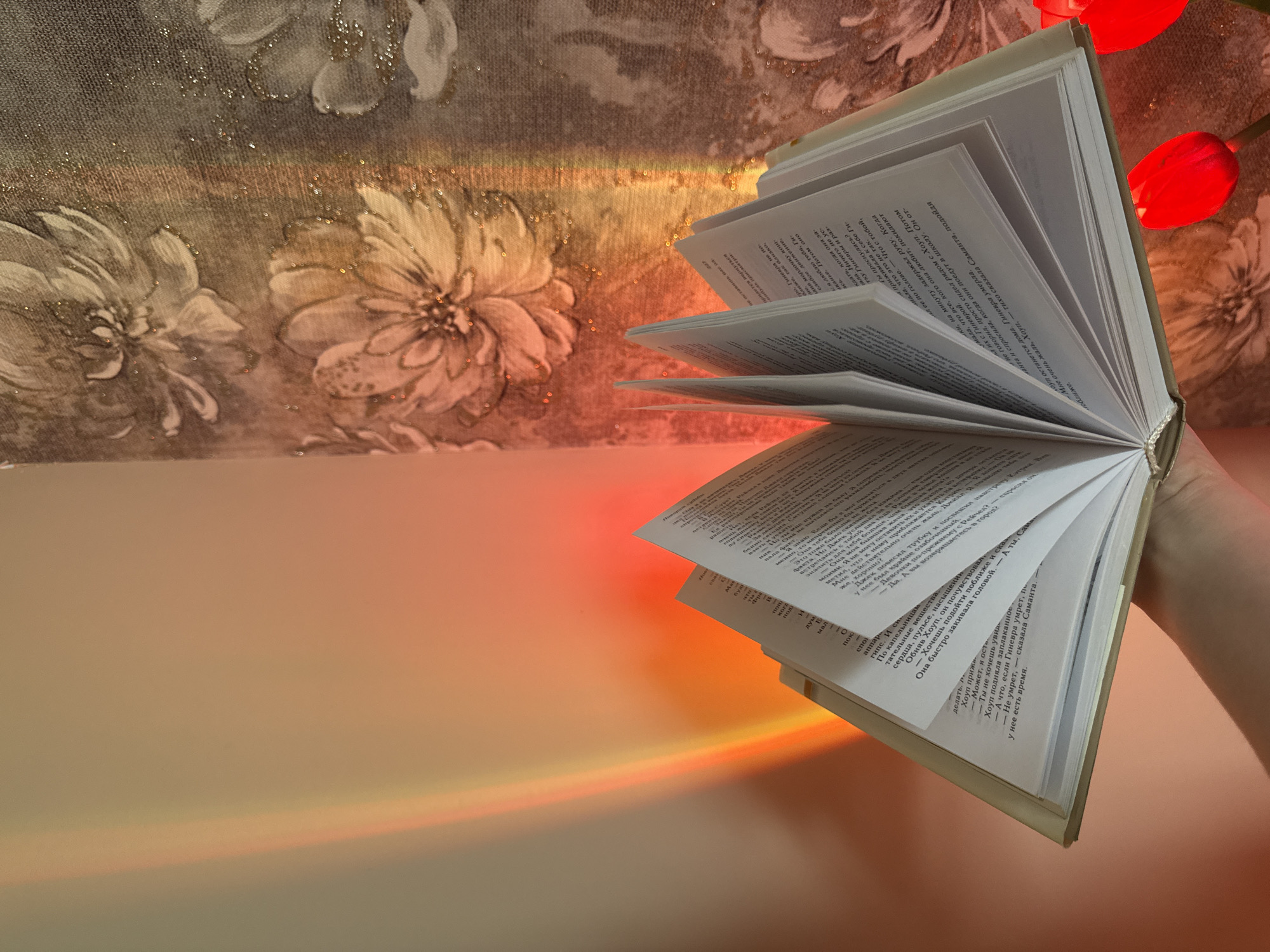 A hand holds an open book with white pages and text in Russian. The book is positioned in the foreground, with its pages fanned out. Behind the book, a wall with a floral pattern is visible. A vibrant rainbow-colored light casts a glow on the wall and the book. Two red tulips are partially visible at the bottom right of the frame.