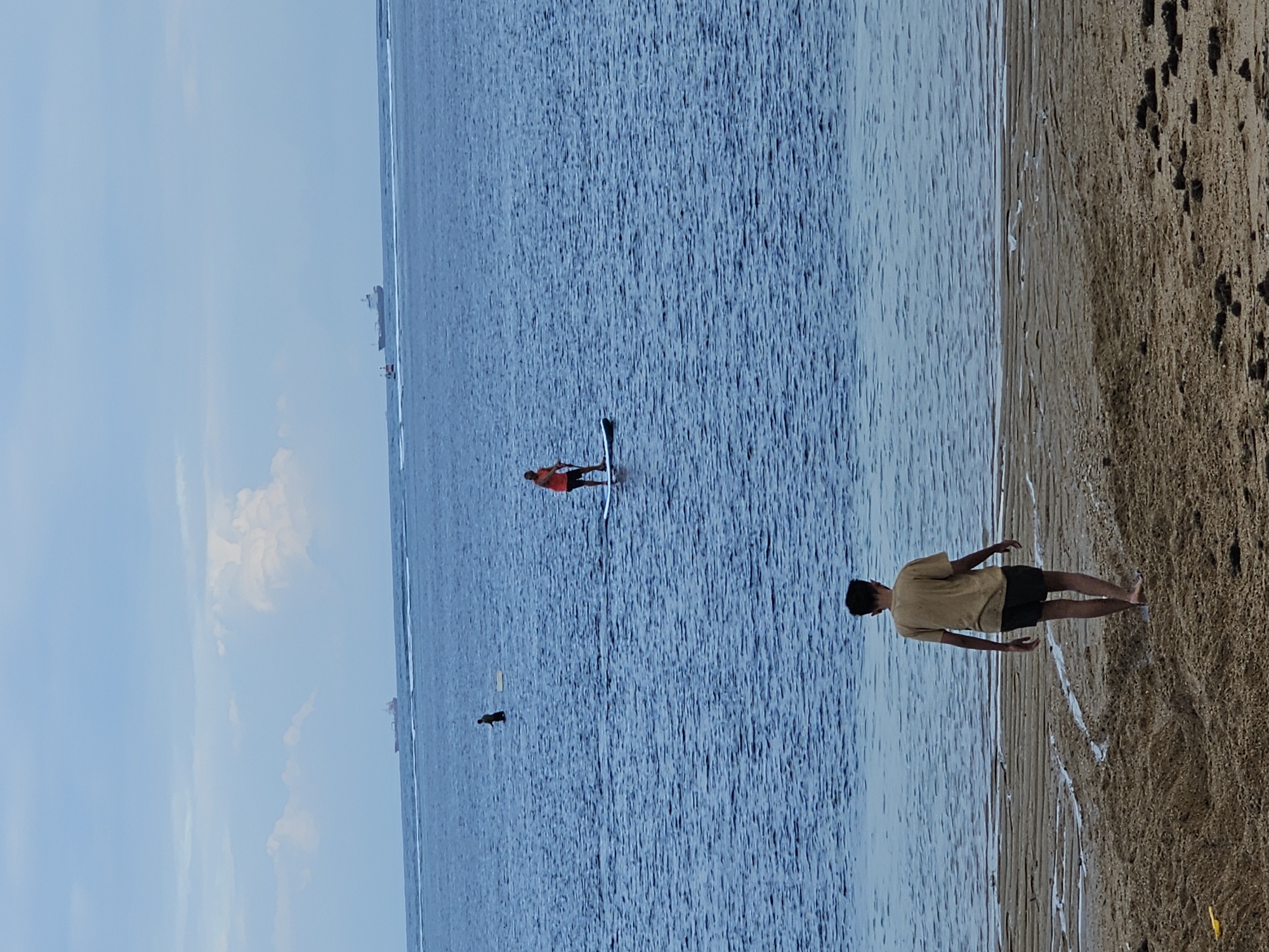 A young male, wearing a tan t-shirt and dark shorts, walks away from the ocean across a sandy beach. He is barefoot. In the distance, on the blue ocean, two individuals are paddleboarding. One is wearing an orange life vest. Several ships are visible on the horizon. The sky is overcast with some light clouds. The scene is likely the coast of Denpasar, Indonesia.