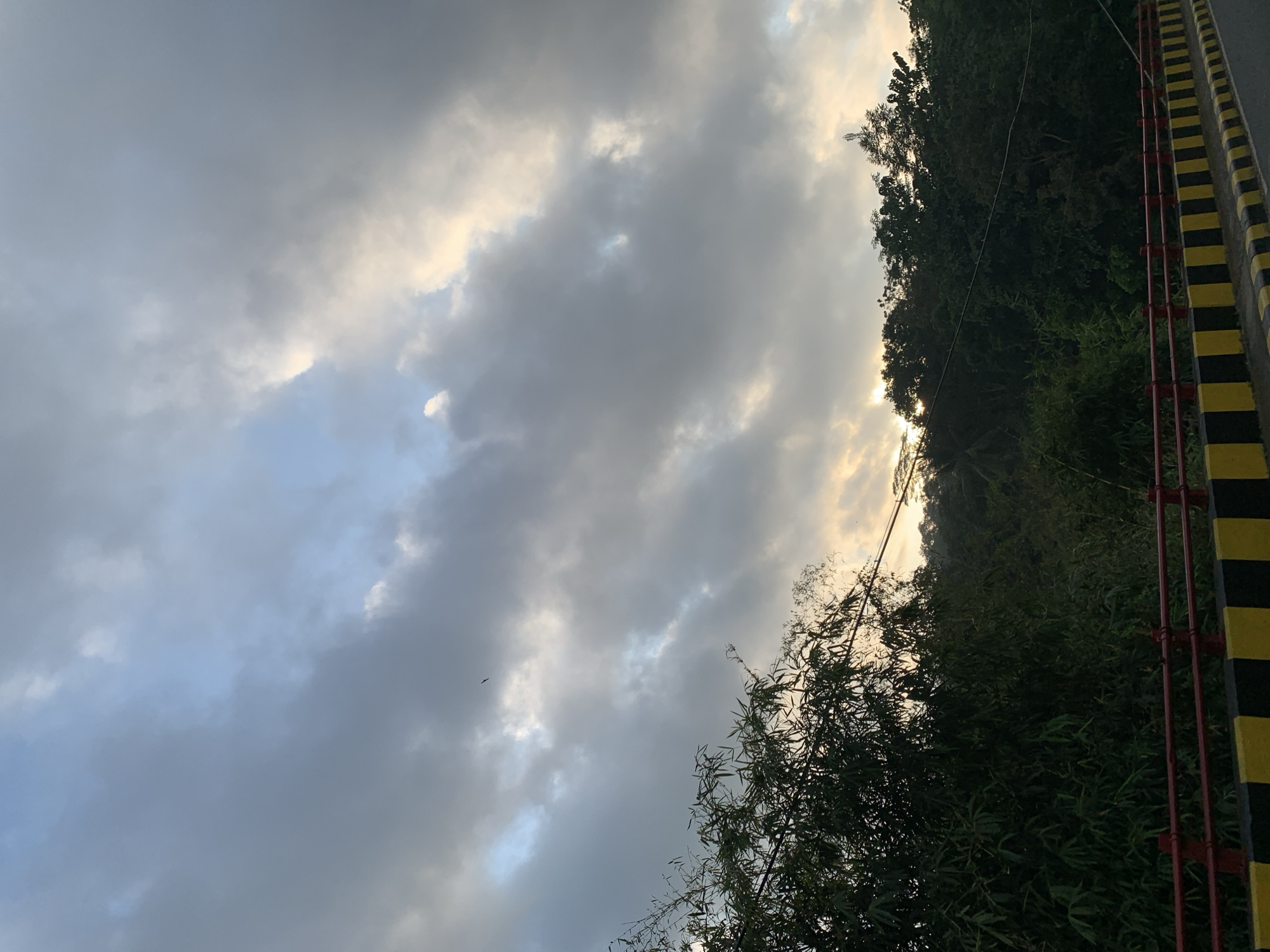 The image shows a cloudy sky over a dense line of trees and vegetation. In the foreground, there is a road barrier with alternating yellow and black stripes, and a red railing. The sky is filled with large, dark gray clouds, with patches of lighter gray and some areas where sunlight is breaking through, creating a soft, diffused light. A single bird is visible in flight against the sky. The trees are lush and green, forming a dark silhouette against the brighter sky. This scene appears to be a roadside view, possibly overlooking a natural area. The location is identified as Karangkamulyan, Indonesia.