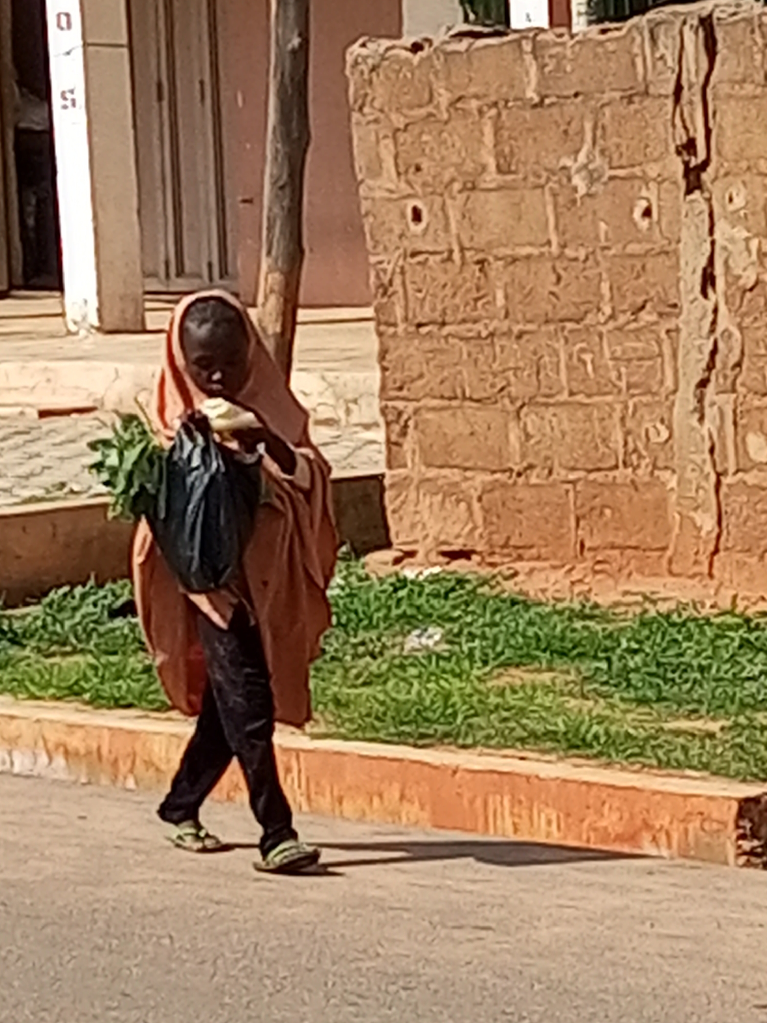 A child, appearing to be of young age, walks on an asphalt road in Tempure, Nigeria. The child is wearing a light brown or tan headscarf and a brown or tan robe over dark pants. The child carries a black plastic bag in their right hand, which appears to contain green leafy vegetables. Their left arm is bent and their hand is near their face, holding what looks like a piece of food. The child is wearing open-toed sandals. To the left of the child is a building with a white facade and vertical lines, possibly indicating doors or windows. A wooden pole is visible behind the child. To the right and behind the child is a wall constructed of rough, brown bricks. The ground in front of the wall is covered with green grass. The road in the foreground has a raised concrete curb with a textured, orange-colored surface. The lighting suggests it is daytime, with shadows cast on the road.