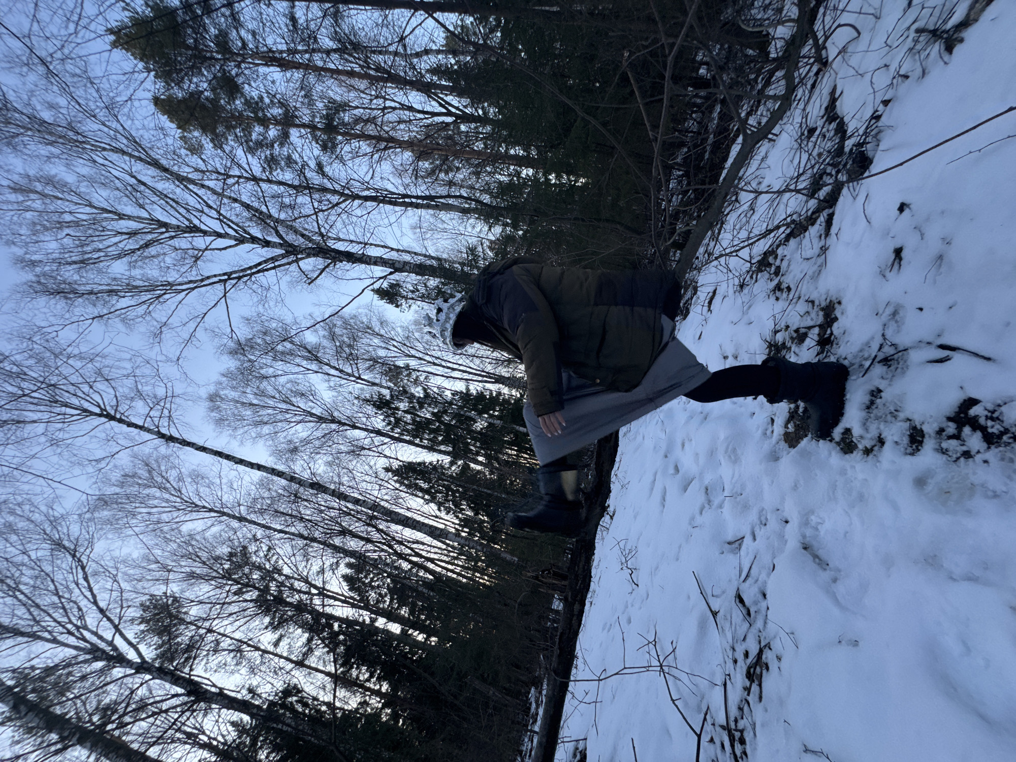 A person in a winter coat, gray pants, and dark boots walks on a snow-covered slope. The background is a forest with bare trees. The location appears to be Вассята, Russia based on the query.