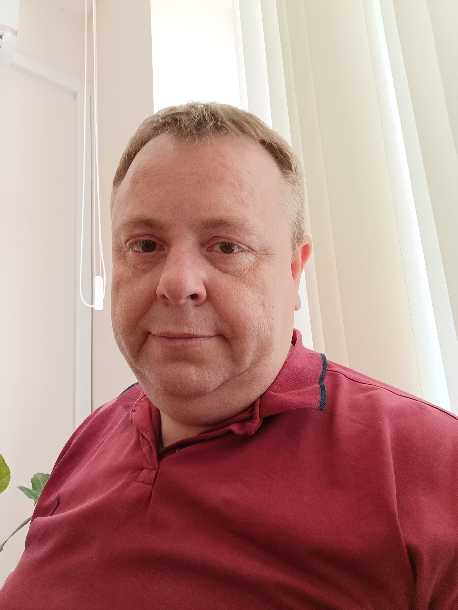 A medium shot portrait shows a middle-aged Caucasian male from the chest up, facing the camera directly. He has light brown hair, fair skin, and is wearing a maroon polo shirt with a dark blue trim around the collar. The background is out of focus, showing vertical blinds in a neutral color and a portion of a white door or wall on the left. There is a plant with green leaves visible in the lower left corner. The lighting appears to be natural, coming from the right, casting soft shadows. The overall impression is that of a casual, indoor setting.