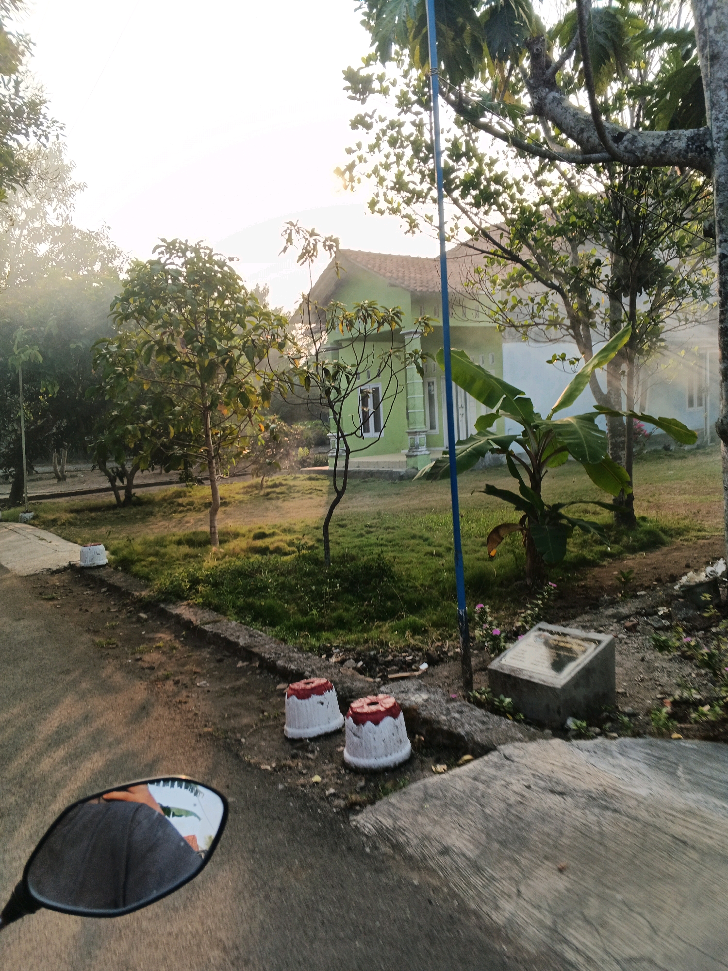 The image depicts a street scene in Cilacap, Indonesia, likely during the early morning or late afternoon due to the warm, low-angle sunlight and hazy atmosphere. A motorcycle's side mirror in the foreground reflects a person's orange shirt and gray jacket, indicating the perspective of the rider. The road surface is asphalt, bordered by a concrete curb. Two decorative planters, painted white with red tops, are positioned on the roadside.
Beyond the road, a well-maintained lawn stretches towards a light green house with a brown tiled roof. Several trees, including a banana plant with large leaves and a smaller deciduous tree, are scattered throughout the yard. A thin, blue pole stands vertically in the grassy area. In the background, more trees and vegetation are visible, contributing to a rural or suburban ambiance. A concrete structure with an inscription sits on the ground near the planters. The overall impression is one of a peaceful, residential area bathed in soft, natural light.