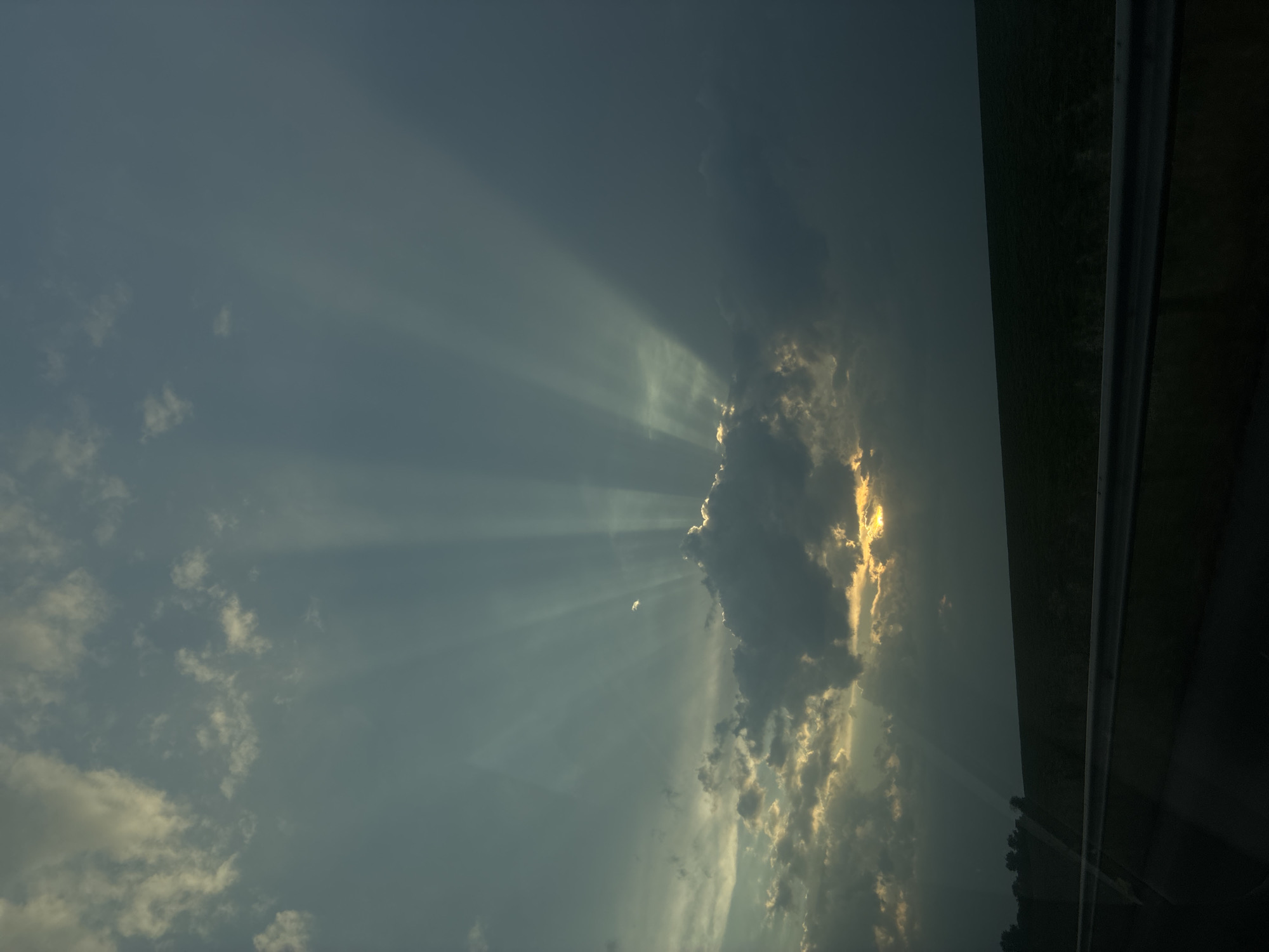 The image captures a rural landscape under a sky exhibiting crepuscular rays, viewed from a moving vehicle in Cherna Gora, Bulgaria. The upper two-thirds of the frame are dominated by a cloudy sky. A large, dark mass of cumulus clouds occupies the lower-middle and right portions of the sky, obscuring the sun. Intense golden light radiates from behind these clouds, forming distinct, divergent crepuscular rays that extend upwards and across the upper sky. The sky transitions from a brighter, illuminated blue-gray near the light source to a darker, deeper blue-gray in the upper regions, particularly on the right. Scattered, lighter gray clouds are also present in the upper-left quadrant.
The horizon line is visible approximately one-third of the way from the bottom, revealing a vast, dark, featureless expanse of land, consistent with an agricultural field, stretching horizontally across the middle-ground. This land appears dark green or almost black, indicative of shadow or dusk conditions. A slight upward gradient of the terrain is discernible from left to right. On the far left, a dense cluster of dark, silhouetted trees borders the field.
In the foreground, a metallic guardrail runs horizontally across the bottom segment of the image, angled slightly upwards towards the right. Minor light reflections and distortions are present along the extreme bottom and left edges, suggesting the photograph was taken through a vehicle window. No human figures, animals, or additional structures are visible within the scene.