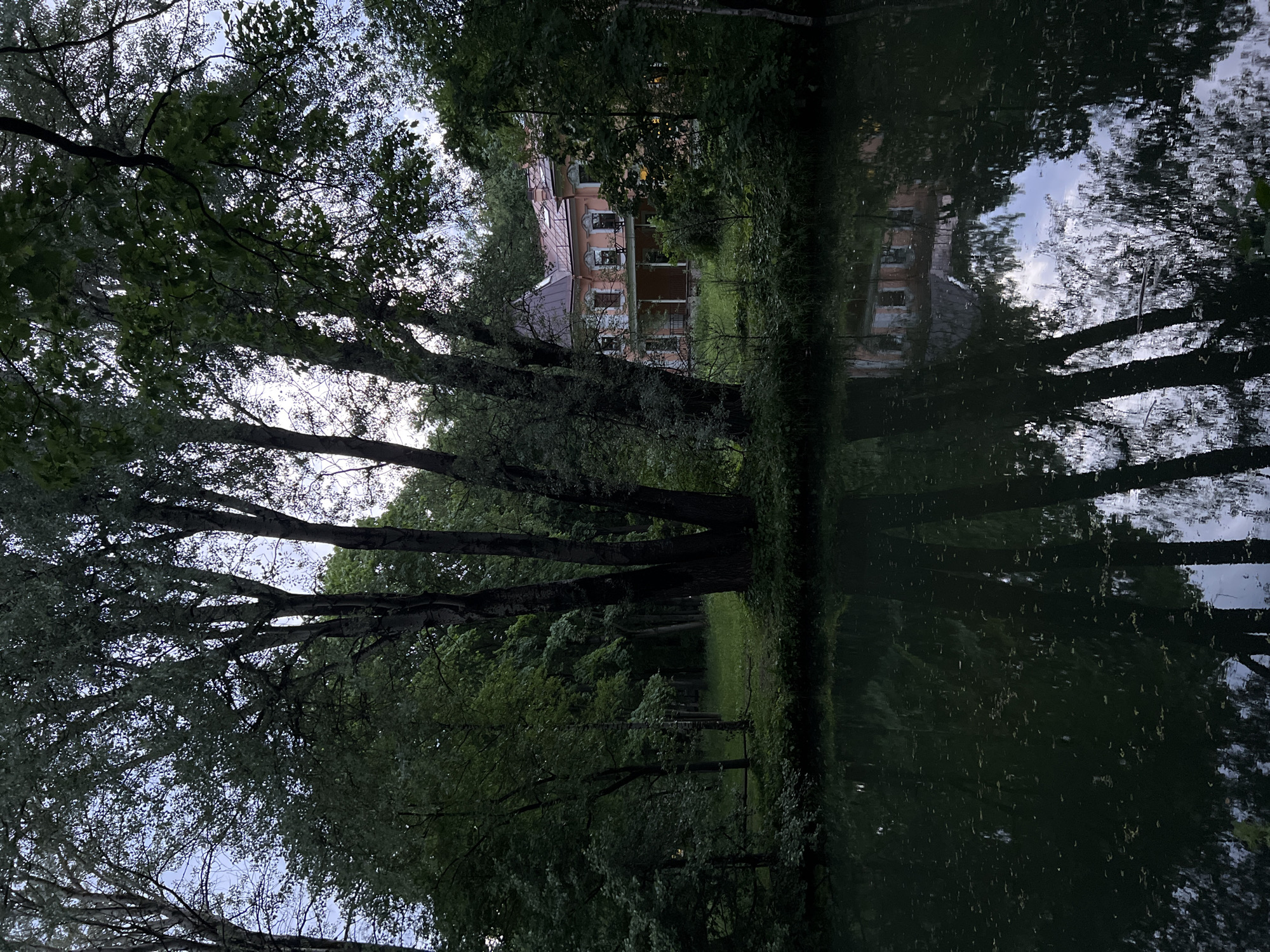 The image depicts a tranquil scene at dusk, featuring a body of water in the foreground with reflections of the surrounding environment. A large, peach-colored house with a dark grey roof, multiple windows, and a wraparound porch is visible through a dense cluster of trees on the far bank of the water. The house appears to be situated on a grassy slope, surrounded by lush greenery. Tall trees with dark trunks and leafy canopies dominate the left and center of the frame, their silhouettes stark against the slightly overcast sky. The water is dark and still, reflecting the trees and the house, creating a mirror image of the scene above. The overall impression is one of a secluded, historic estate, possibly a dacha or a former manor house, located in a verdant, natural setting.
While the image itself does not contain explicit indicators of its specific location within Saint Petersburg, Russia, the architectural style of the house and the presence of mature trees suggest a historical context that could be found in some of the city's older suburban districts or parks. For instance, areas with former estates like Murino or Kolpino, or sections within larger parks such as Pavlovsk or Pushkin, might exhibit similar features. Without further information or landmarks, pinpointing the exact location is not possible. The scene is devoid of any people or immediate activity, emphasizing a sense of quiet solitude and natural beauty.