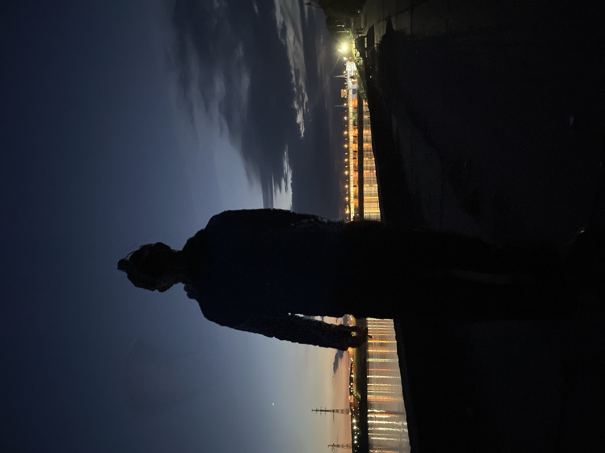 The image, oriented correctly, depicts a serene twilight or dawn scene over a body of water, likely a river or reservoir in Chaikovsky, Russia. A lone figure stands in the foreground, silhouetted against the fading light, facing away from the camera and looking out over the expanse of water.
The sky transitions from a deep dark blue overhead to a lighter orange-pink hue near the horizon, indicative of either dusk or dawn. Scattered clouds drift across the sky, and a faint crescent moon is visible in the brighter portion.
Across the water, the distant shore is illuminated by numerous artificial lights, suggesting an industrial area, a port, or a distant town. These lights cast prominent, shimmering reflections that stretch across the water's surface. Structures resembling large ships or dock facilities, along with several electricity pylons or transmission towers, are visible on the far bank.
The person, heavily silhouetted, appears to be standing on a raised bank or wall, observing the illuminated vista. The scene evokes a sense of quiet contemplation or observation, with the contrast between the dark foreground and the distant lights creating a striking visual. There is no visible text in the image.