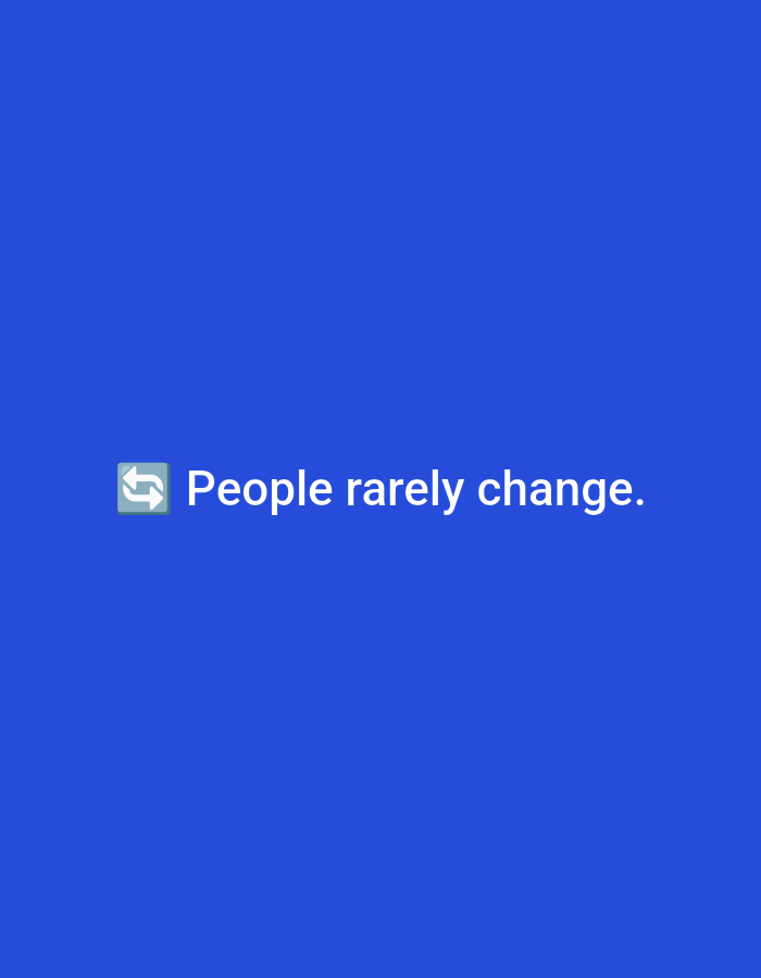 The image displays a digital graphic on a solid blue background. White text in a sans-serif font, reading 'People rarely change.', is centrally positioned in the lower portion of the frame. To the immediate left of the text, a light green and white icon depicting two curved arrows forming a loop is present. The graphic does not feature any physical environment, individuals, or objects, and is presented in the context of the city of Casablanca, Morocco.