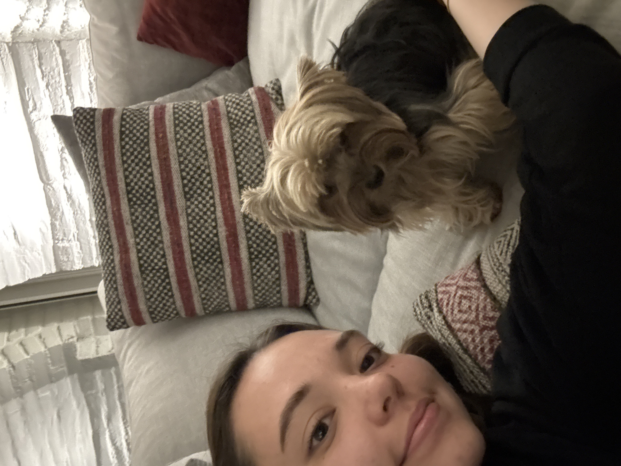 A woman lies on a bed with a small Yorkshire Terrier dog. The bed has multiple pillows, including one with red and white stripes and another with a reddish-brown geometric pattern. The woman's head is positioned in the lower part of the frame, while the dog is near the top. There's a window with white curtains visible in the background. The location cannot be determined from the image.
