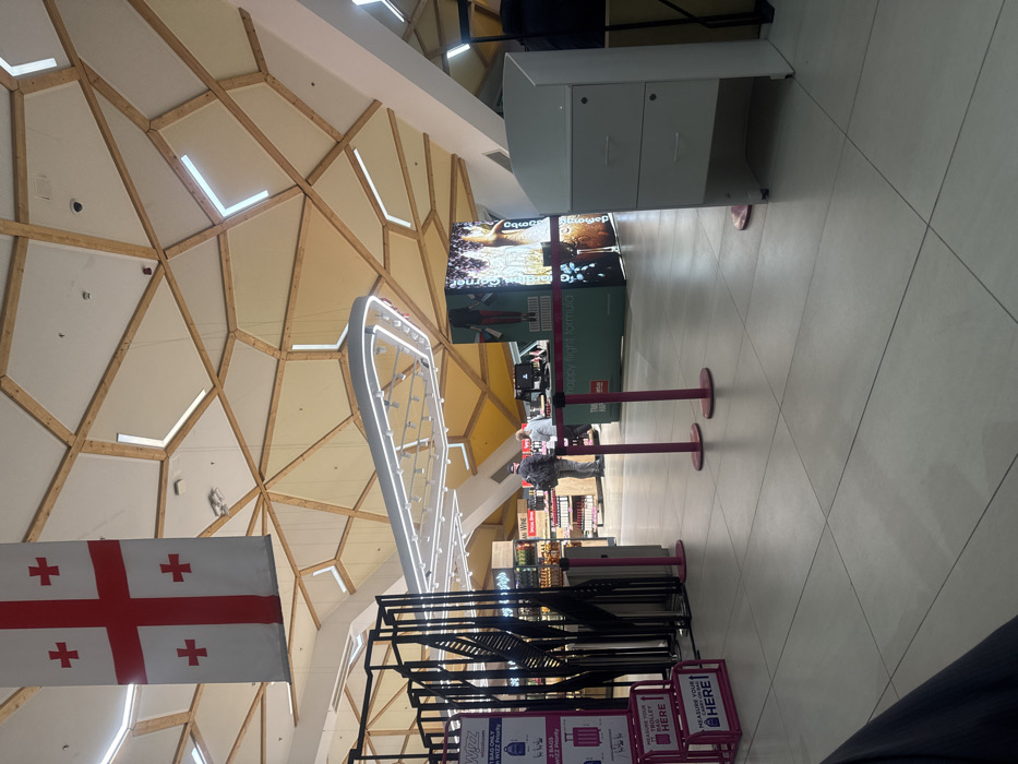 The image shows the interior of what appears to be an airport or shopping mall. A Georgian flag is visible alongside a large decorative light fixture. Trolleys and merchandise displays are present, including advertisements for wine. A person is seen browsing the goods. A display advertises "happy flight formula" and Georgian products. The ceiling has a geometric pattern with embedded lights. The floor is tiled.
