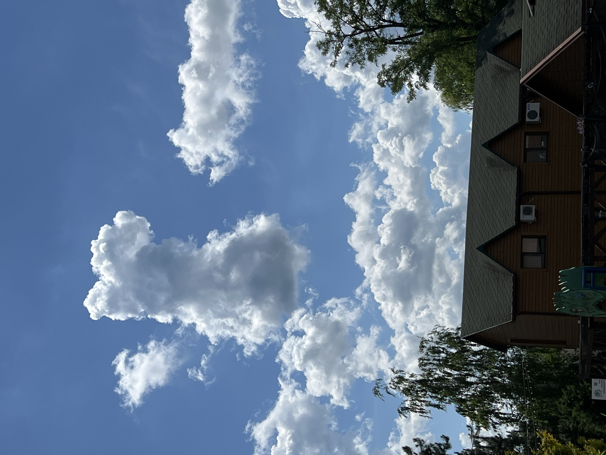 A bright, sunny day with scattered cumulus clouds is depicted. The sky is a vibrant blue, and the clouds are fluffy and white, with some darker gray undersides suggesting depth. In the foreground, the dark green, shingled roofs of two wooden buildings are visible. The buildings have a rustic appearance, with visible wooden siding and dark-framed windows. One building has three distinct gabled sections. Two white air conditioning units are mounted on the exterior wall of one building. Trees with green foliage are visible behind and to the sides of the buildings, with some branches extending into the frame. The overall scene suggests a building or complex situated in a semi-rural or park-like setting, possibly a resort or recreational area. The location is identified as Plastunivska, Russia.