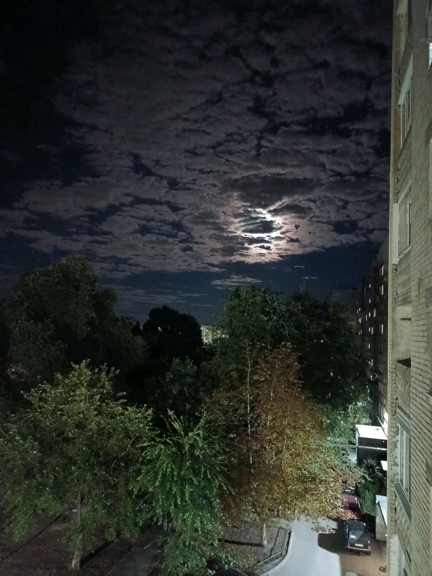 The image depicts a nighttime urban scene, likely in Saratov, Russia, under a cloudy sky illuminated by the moon. In the foreground, a cluster of trees with green and autumnal foliage obscures the view of a paved area below. To the right, the side of a light-colored brick apartment building rises, showing lit windows and a balcony. The sky above is filled with textured clouds, with patches of moonlight breaking through, creating a dramatic effect. In the background, beyond the trees, distant city lights suggest a developed area. A car is visible parked near the building.