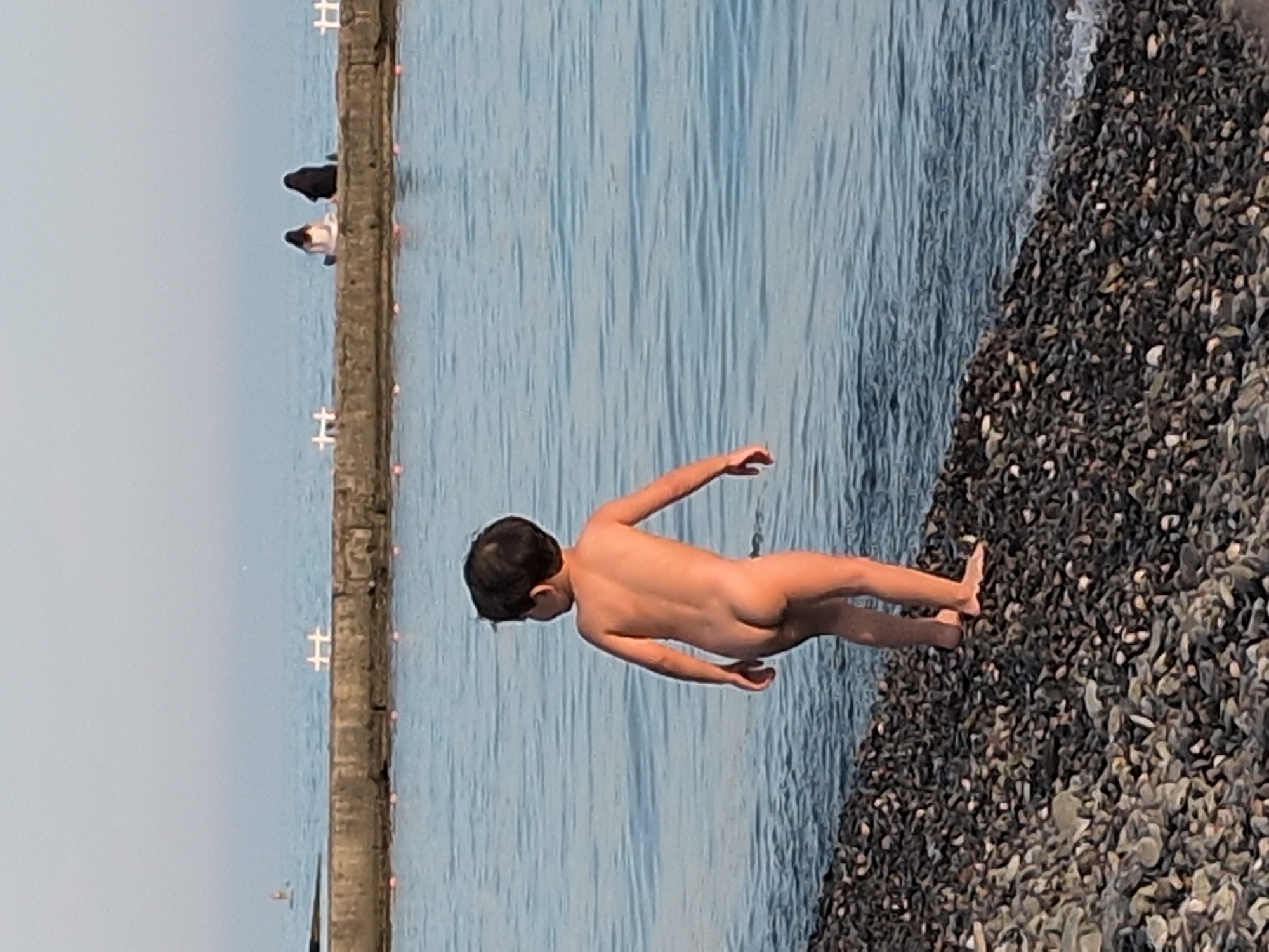 This image captures an outdoor coastal scene in Sochi, Russia, under clear, diffused lighting, likely during the late afternoon. In the immediate foreground, a young child, appearing to be male, stands nude on a dark pebbled beach, facing away from the camera and looking towards the water. The child has dark hair. The beach is composed of numerous grey and dark brown smooth stones.
The midground features calm, light blue-grey water, with minor ripples near the shore. A visible line of small, light-colored (possibly pink or orange) buoys extends horizontally across the water, marking a boundary. Beyond this, a horizontal concrete pier or breakwater stretches across the scene. Several small, white, cross-shaped structures are spaced along the top of the pier.
In the background, two individuals are seated on the pier, with their backs to the camera, facing the expanse of the sea. One individual is clad in a light-colored upper garment, while the other wears a dark-colored upper garment. The sea extends to a hazy horizon, blending into a light blue, clear sky. A faint, dark, vertical marker or buoy is visible in the distant water on the far left.