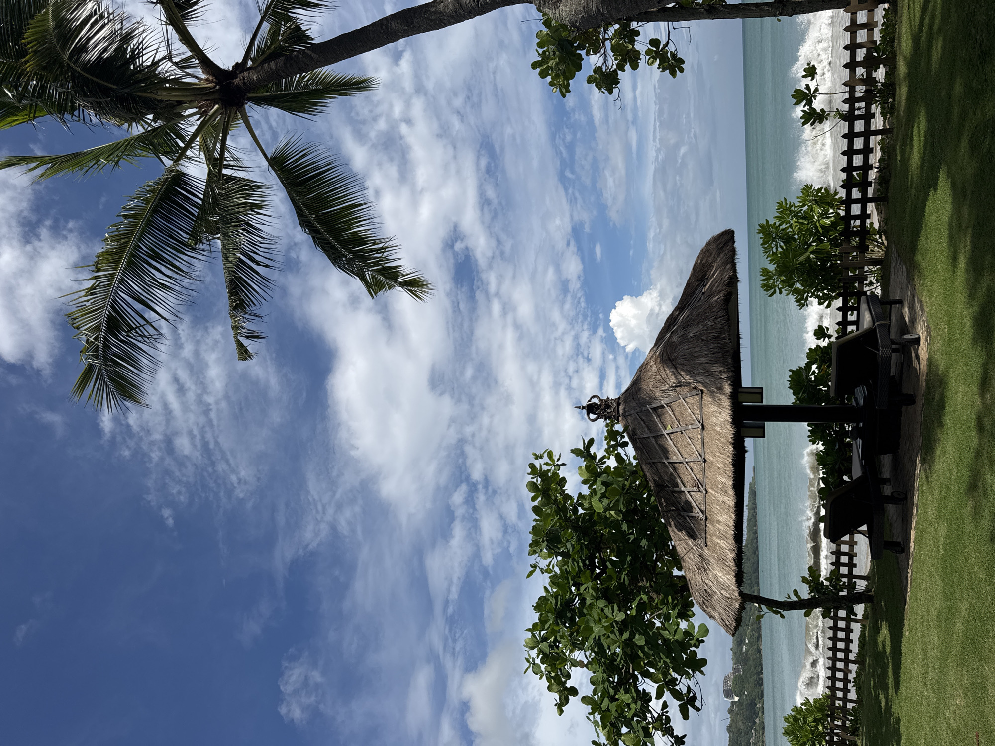 Captured from a low angle, the image showcases a coastal scene in Kuta Selatan, Indonesia. A palm tree, partially visible in the upper left, complements a thatched-roof pavilion in the foreground. The pavilion, adjacent to lush green grass, offers a view of the ocean, where waves meet the shoreline behind a wooden fence. The sky, punctuated with scattered clouds, fills the majority of the frame.